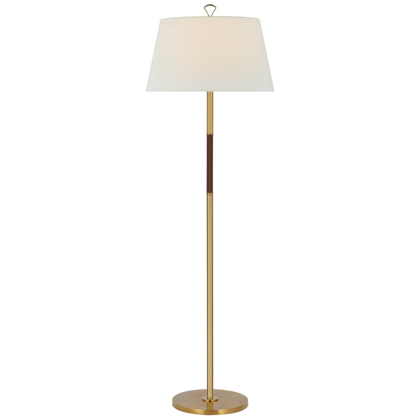 Griffin Large Floor Lamp in Hand-Rubbed Antique Brass and Saddle Leather with Linen Shade