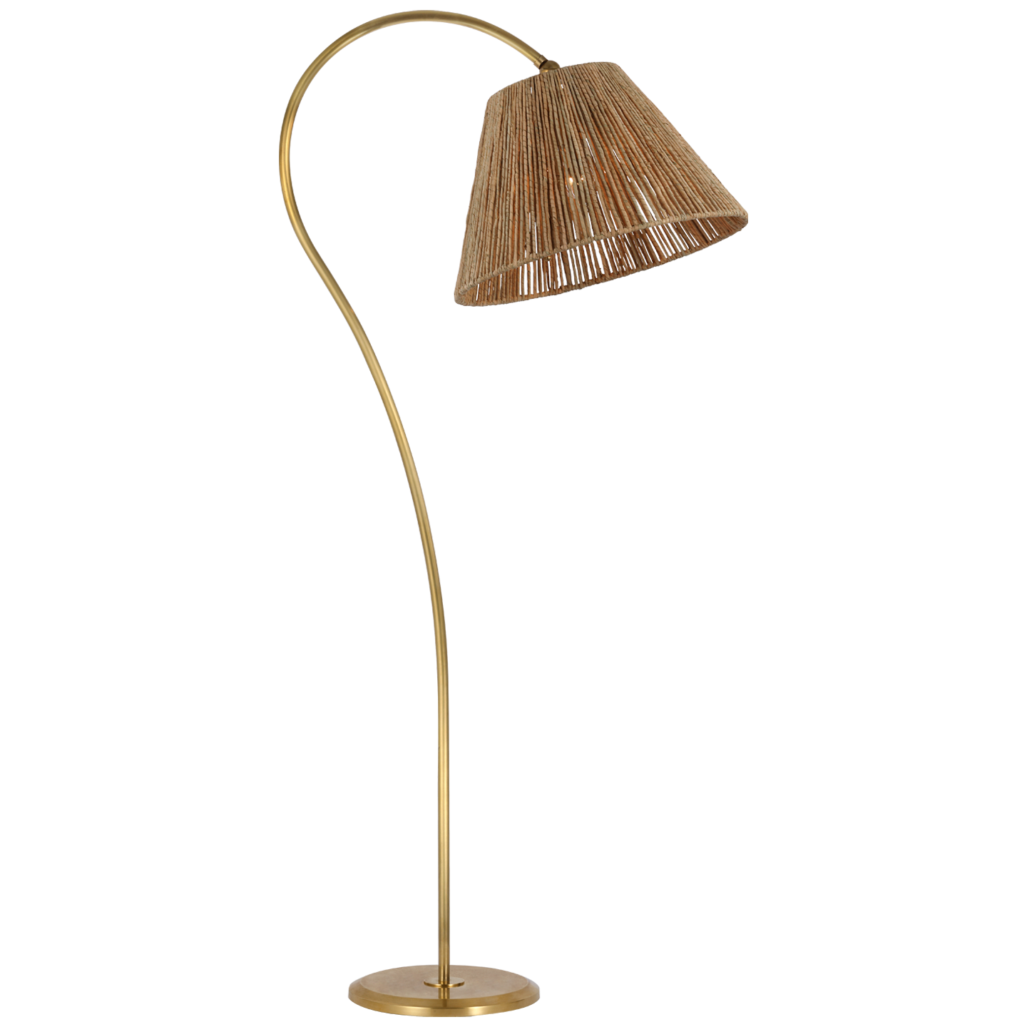 Dume Large Arched Floor Lamp in Hand-Rubbed Antique Brass with Natural Abaca Shade
