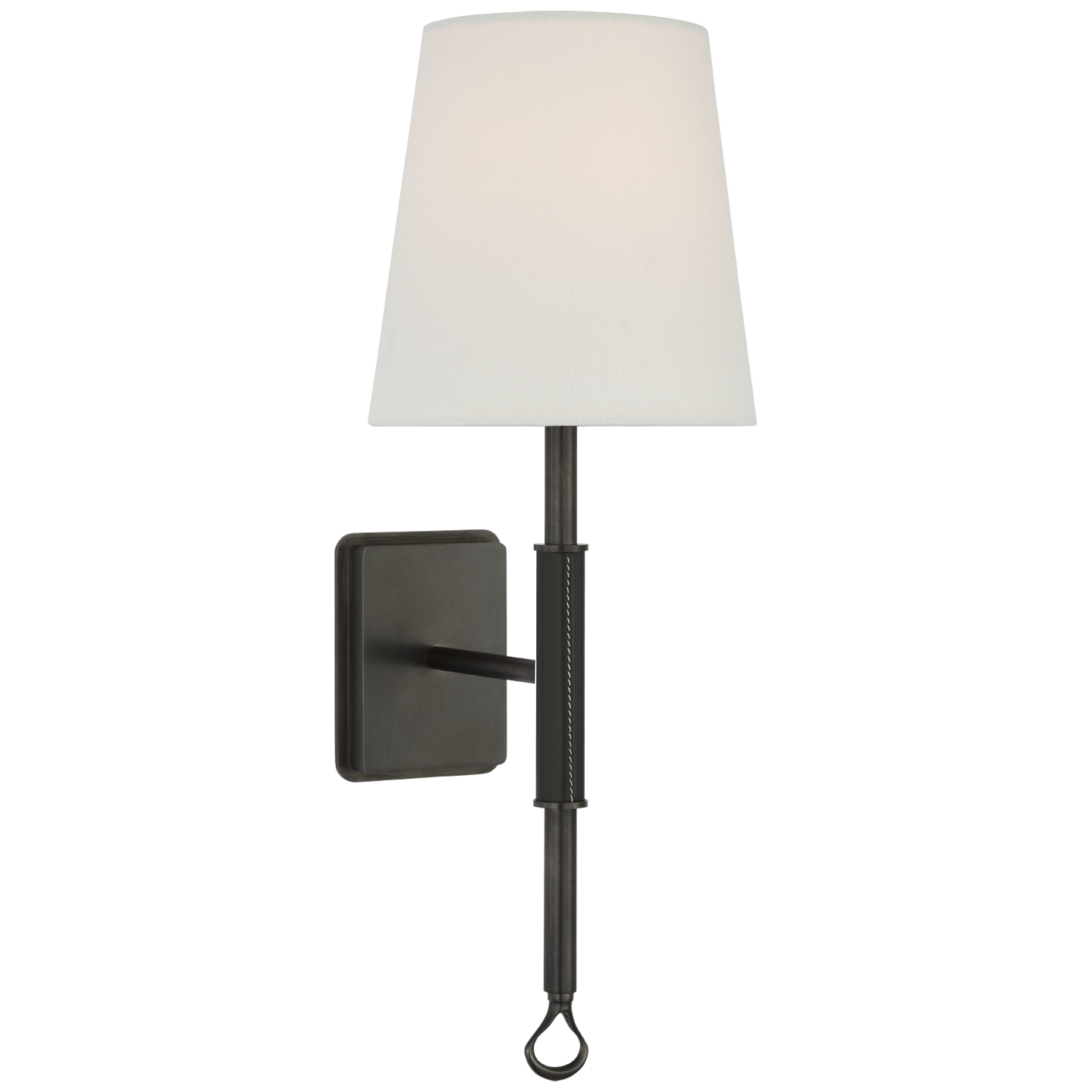Griffin Sconce in Bronze and Chocolate Leather with Linen Shade