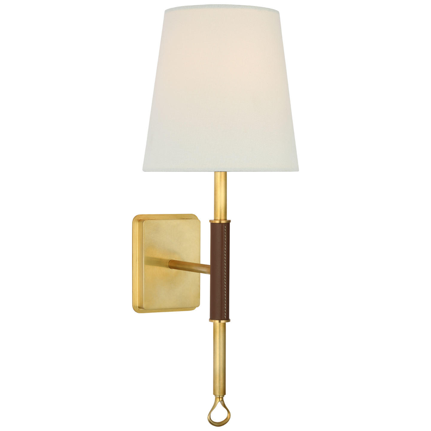 Griffin Sconce in Hand-Rubbed Antique Brass and Saddle Leather with Linen Shade
