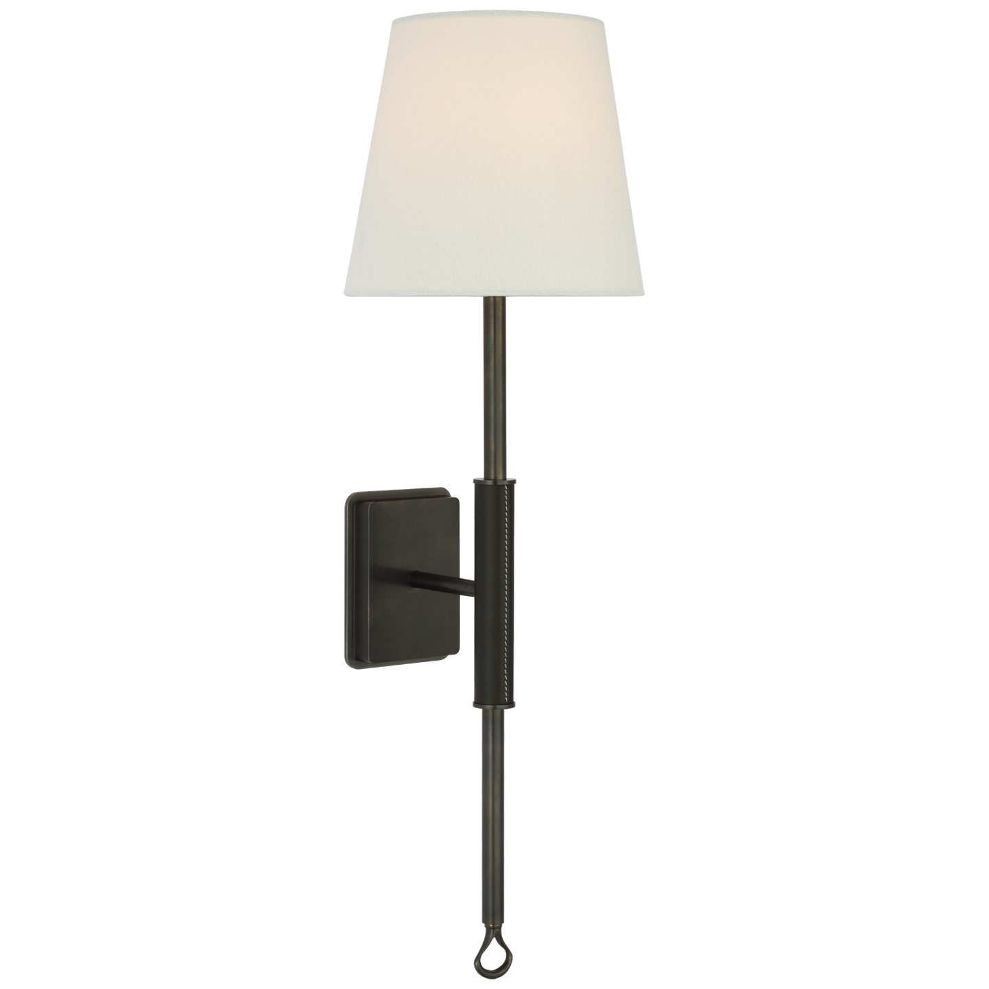 Griffin Tail Sconce in Bronze and Chocolate Leather with Linen Shade
