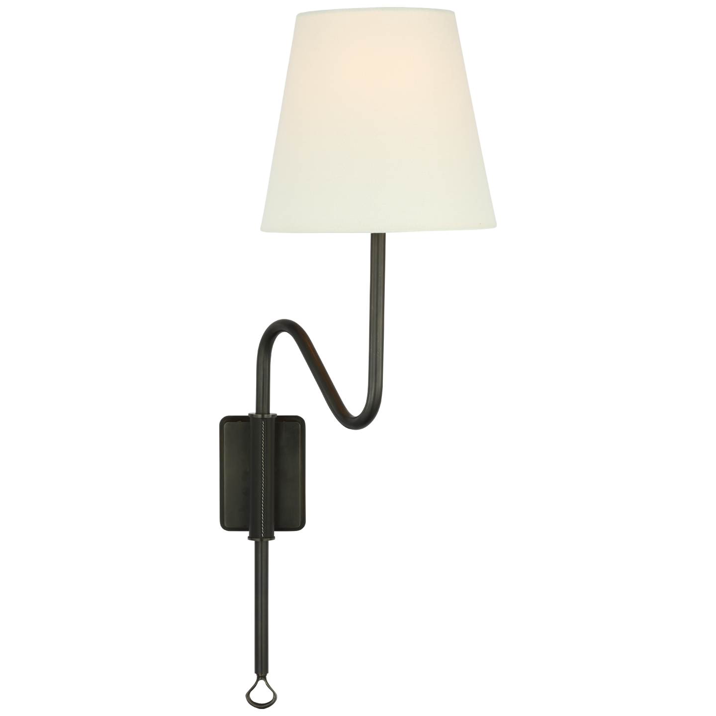 Griffin Articulating Sconce in Bronze and Chocolate Leather with Linen Shade