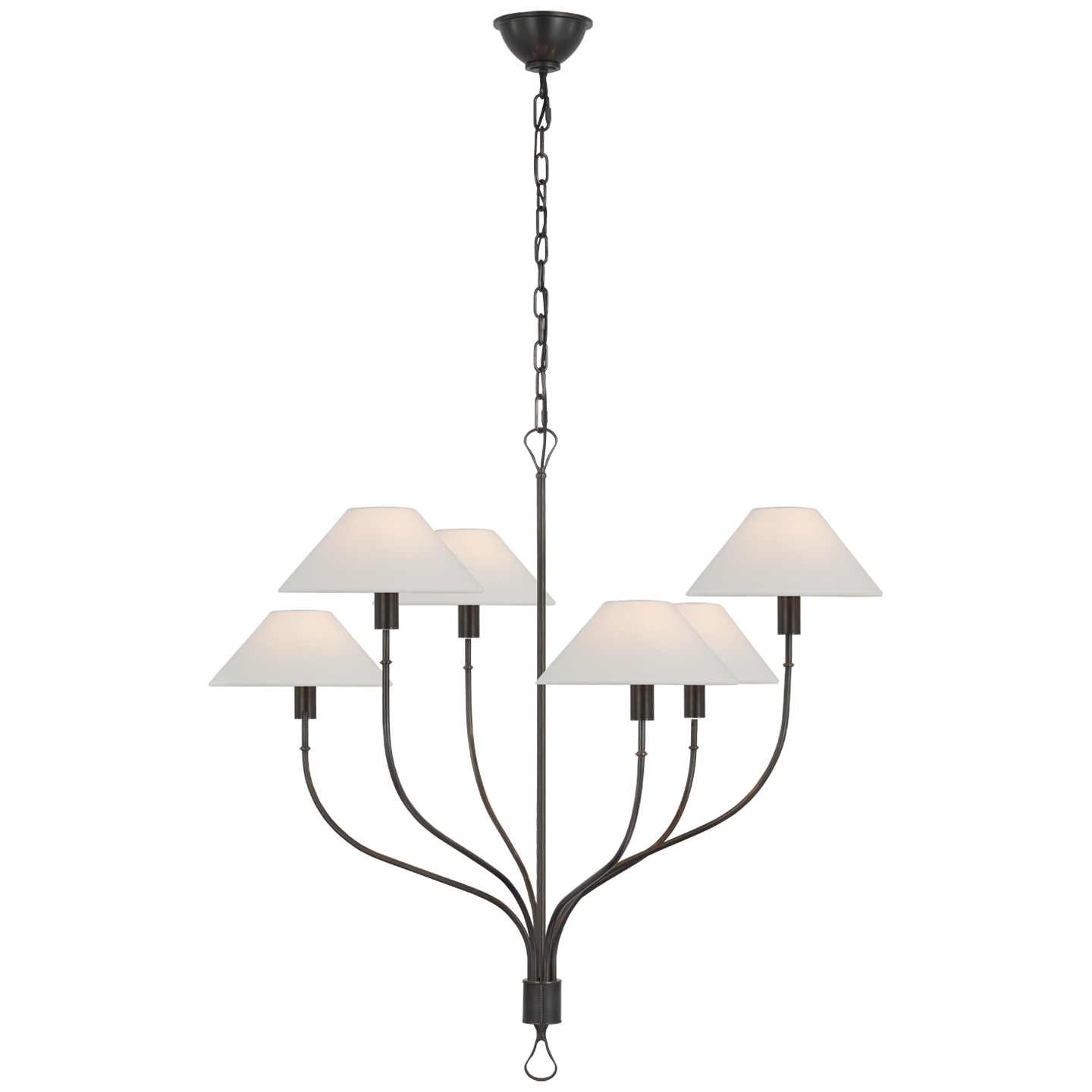 Griffin Large Staggered Tail Chandelier in Bronze and Chocolate Leather with Linen Shades