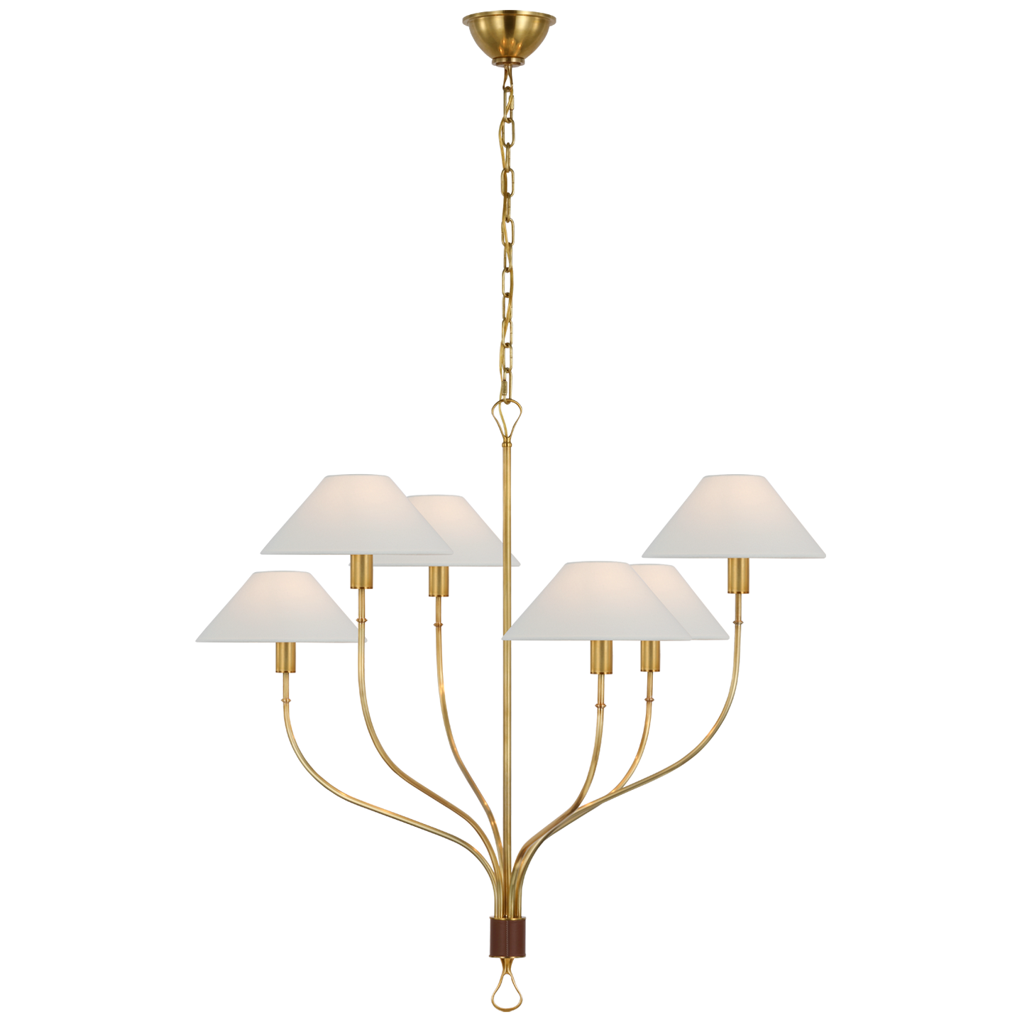 Griffin Large Staggered Tail Chandelier in Hand-Rubbed Antique Brass and Saddle Leather with Linen Shades