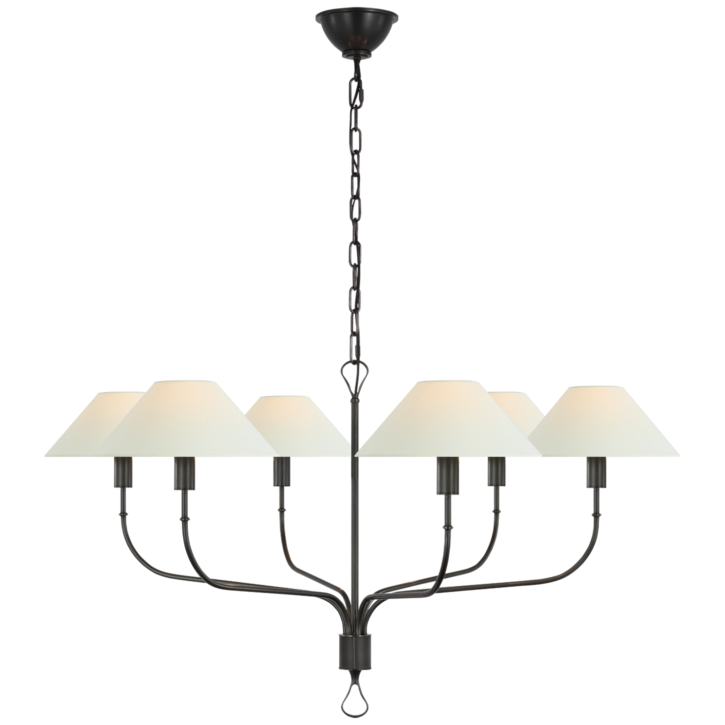 Griffin Extra Large Tail Chandelier in Bronze and Chocolate Leather with Linen Shades