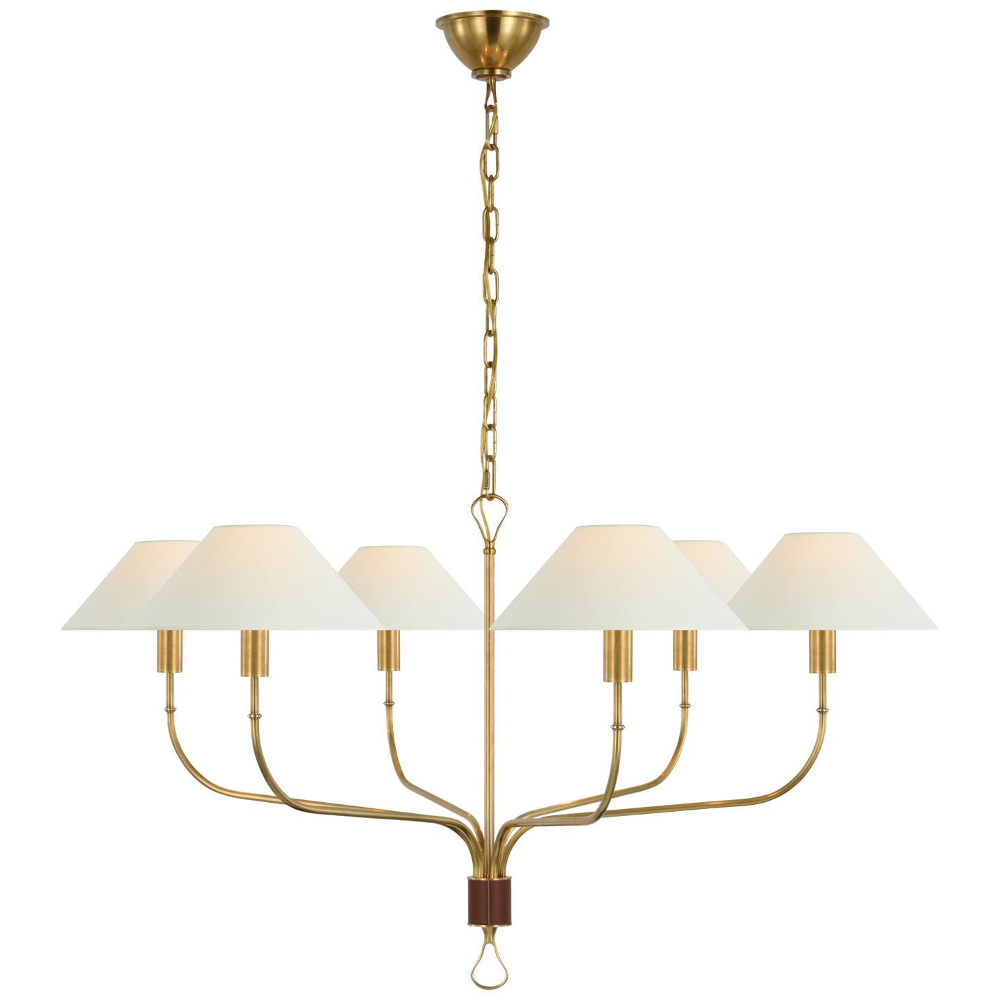 Griffin Extra Large Tail Chandelier in Hand-Rubbed Antique Brass and Saddle Leather with Linen Shades