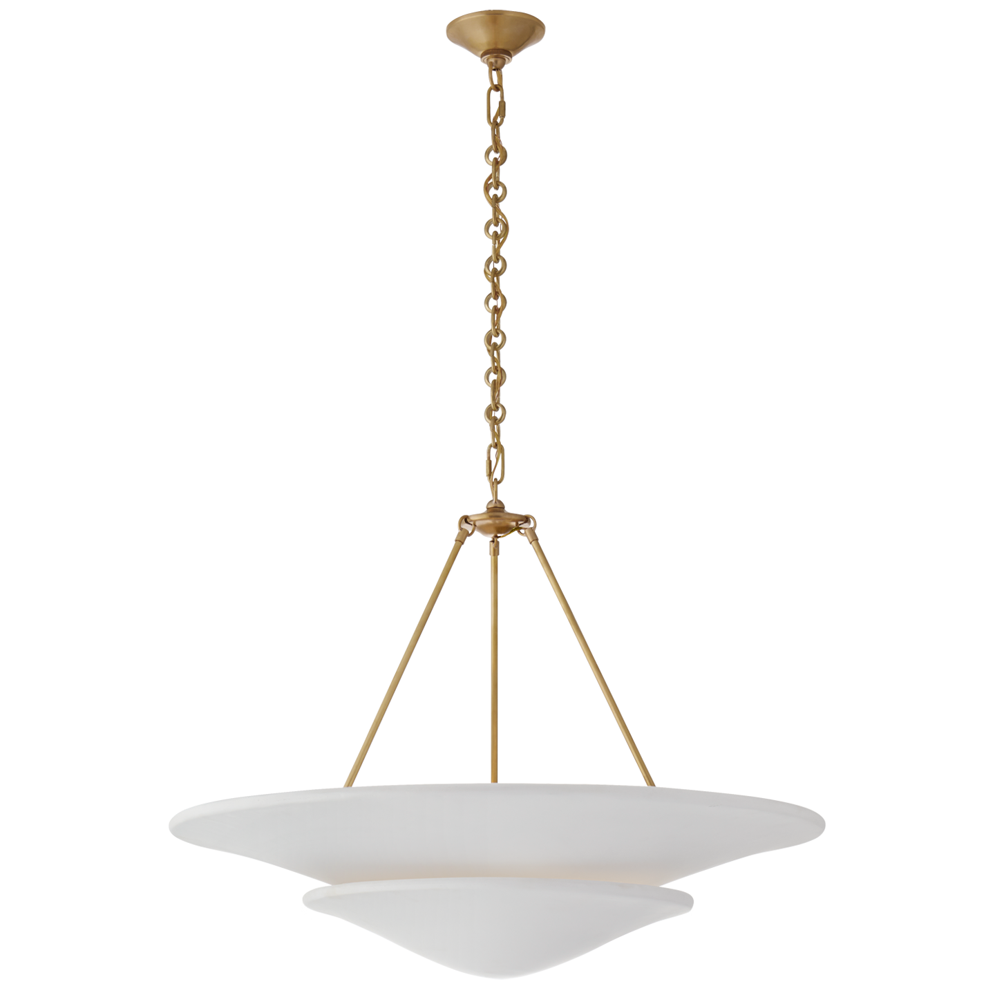 Mollino Large Tiered Chandelier in Hand-Rubbed Antique Brass with Plaster White Shade