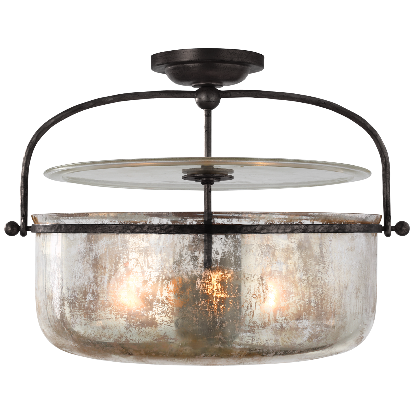 Lorford Medium Semi-Flush Lantern in Aged Iron with Mercury Glass