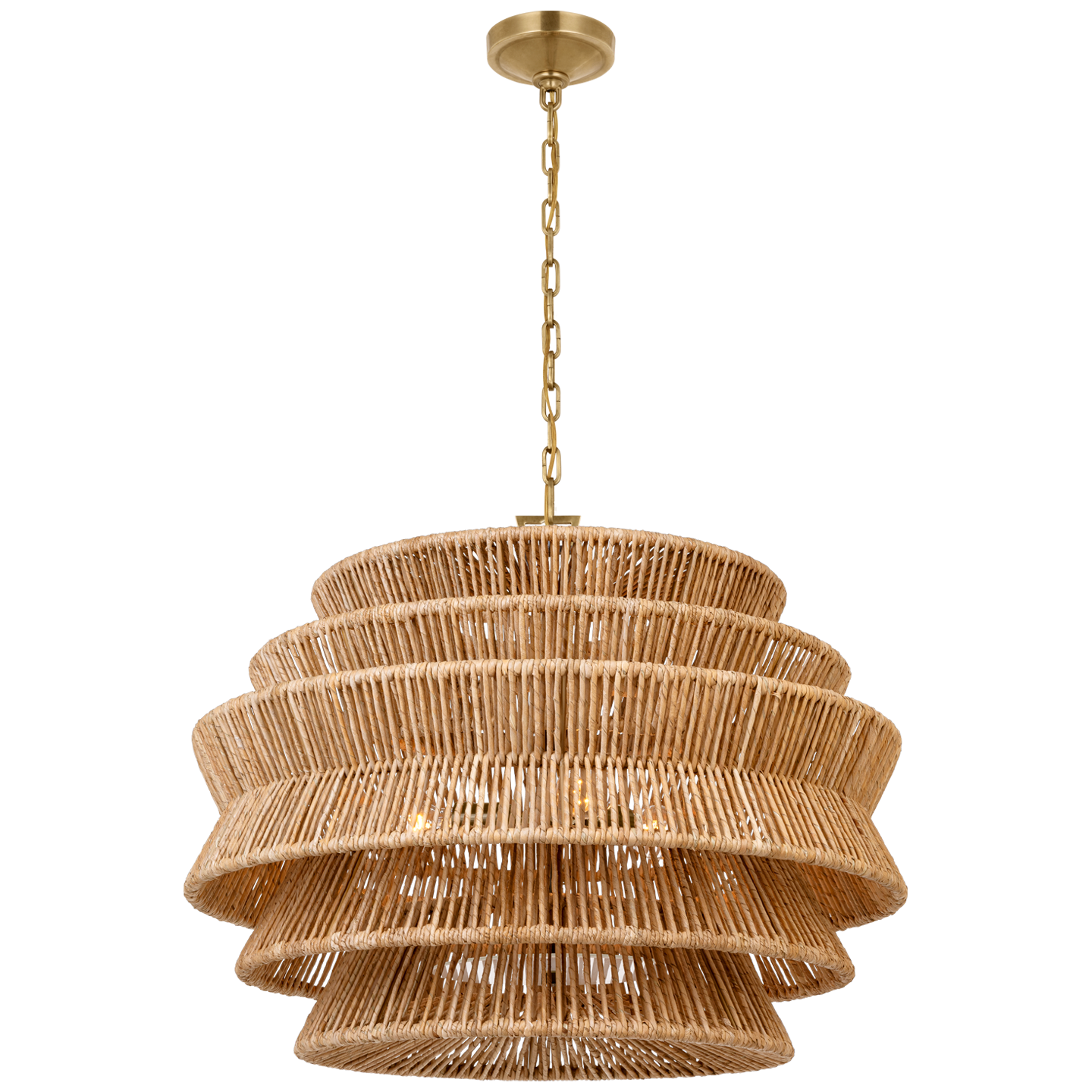 Antigua Medium Drum Chandelier in Antique-Burnished Brass and Natural Abaca