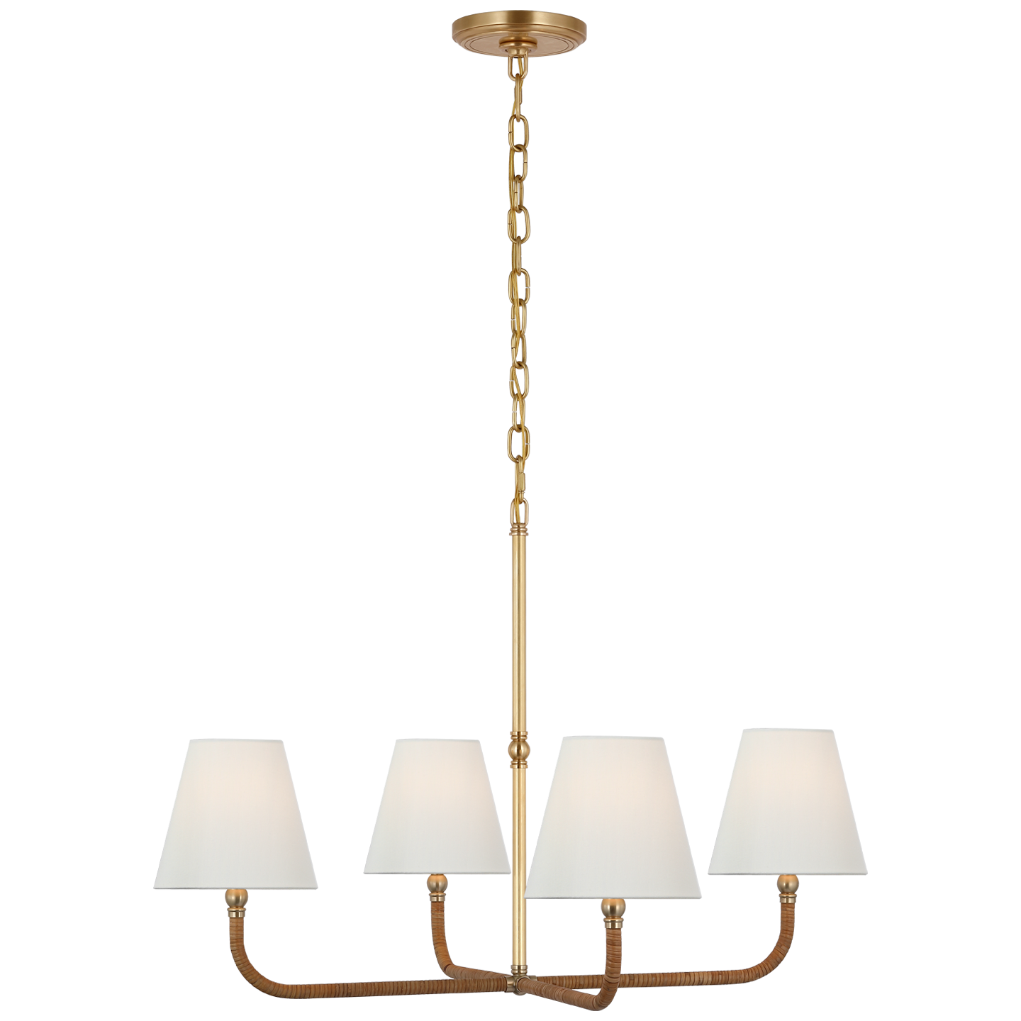 Basden Medium Single Tier Chandelier in Antique-Burnished Brass and Natural Rattan with Linen Shades