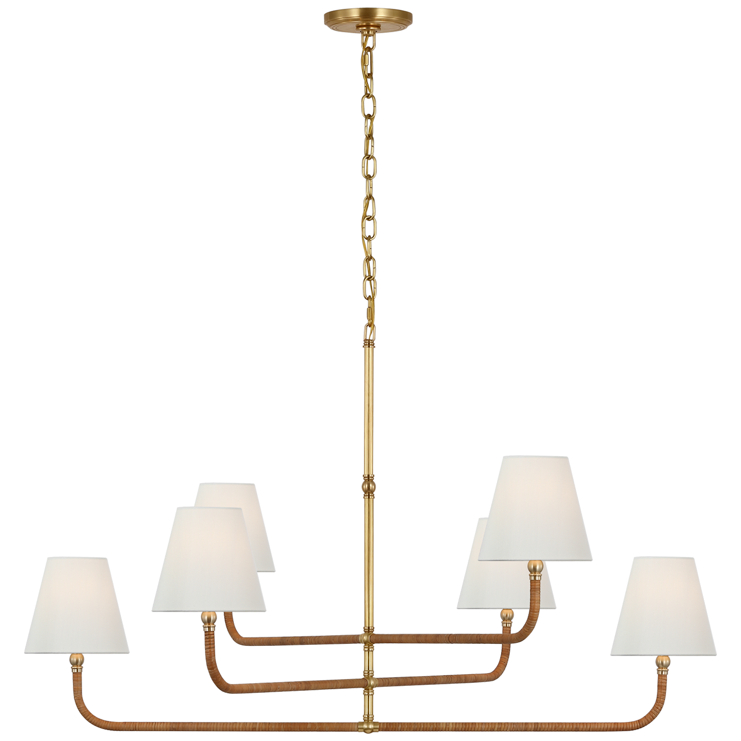 Basden Extra Large Three Tier Chandelier in Antique-Burnished Brass and Natural Rattan with Linen Shades