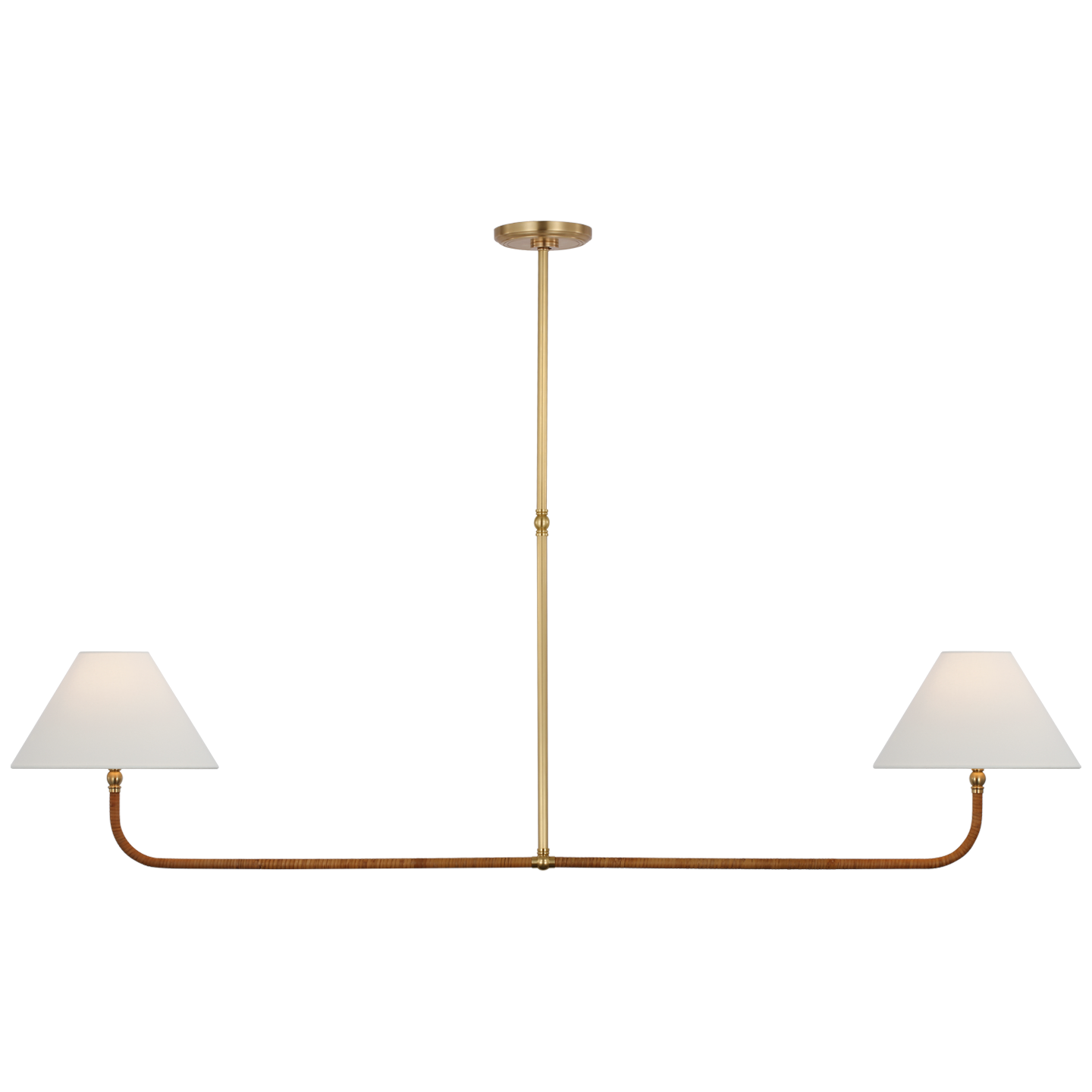 Basden Extra Large Linear Chandelier in Antique-Burnished Brass and Natural Rattan with Linen Shades