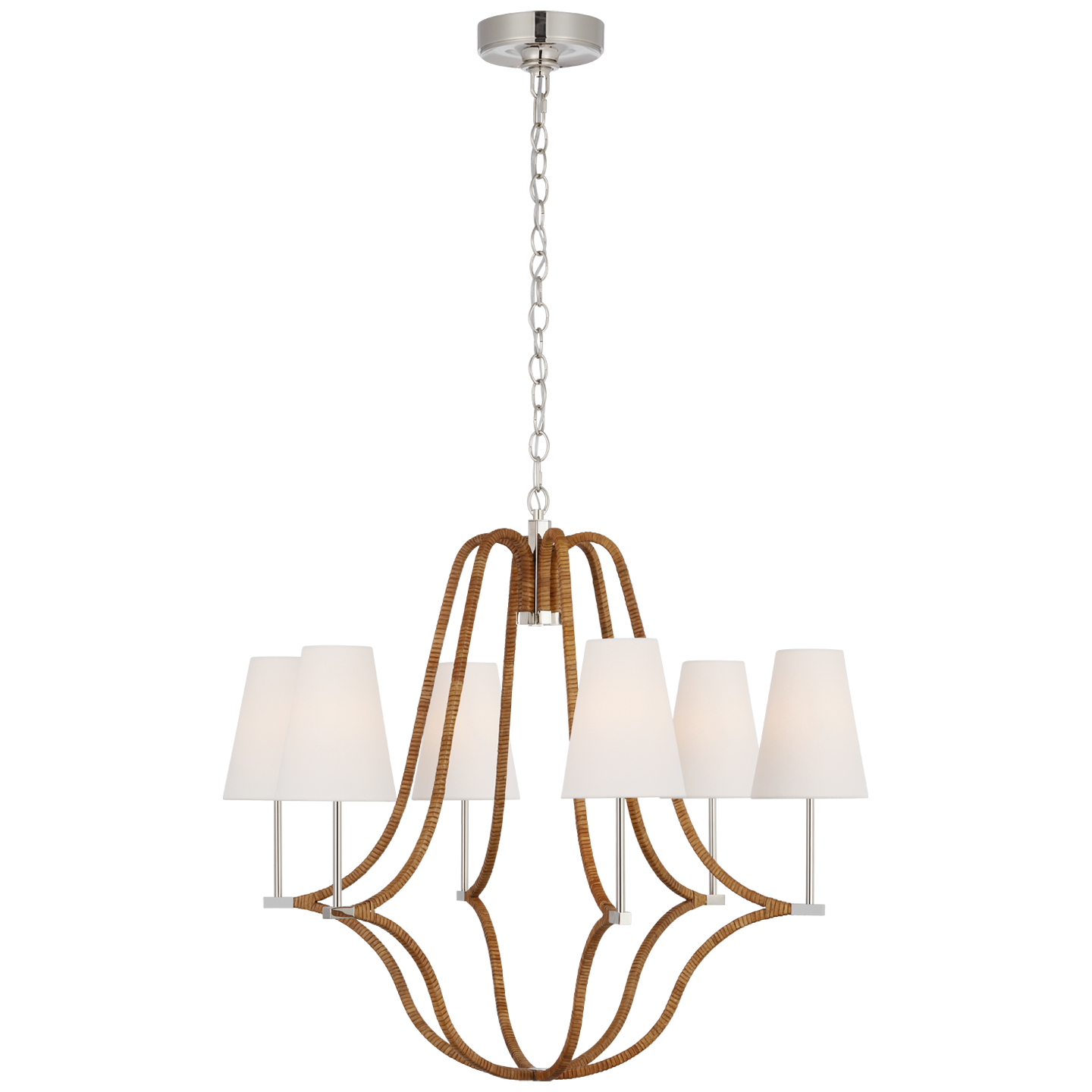 Biscayne Large Wrapped Chandelier in Polished Nickel and Natural Rattan with Linen Shades