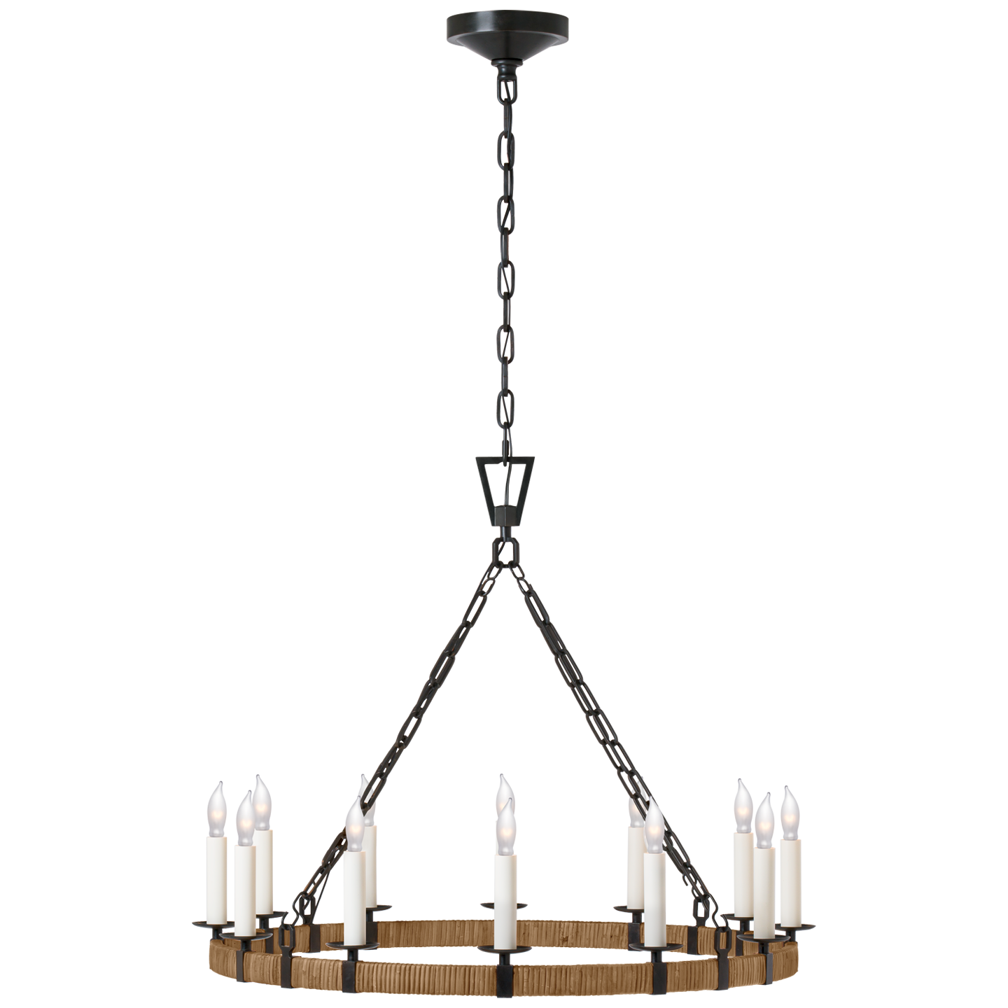 Darlana Medium Wrapped Ring Chandelier in Aged Iron and Natural Rattan