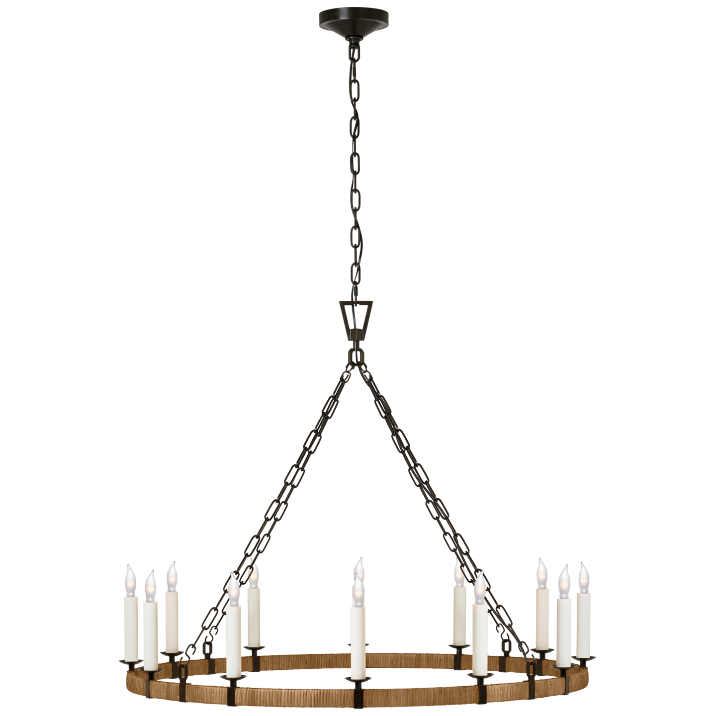 Darlana Large Wrapped Ring Chandelier in Aged Iron and Natural Rattan