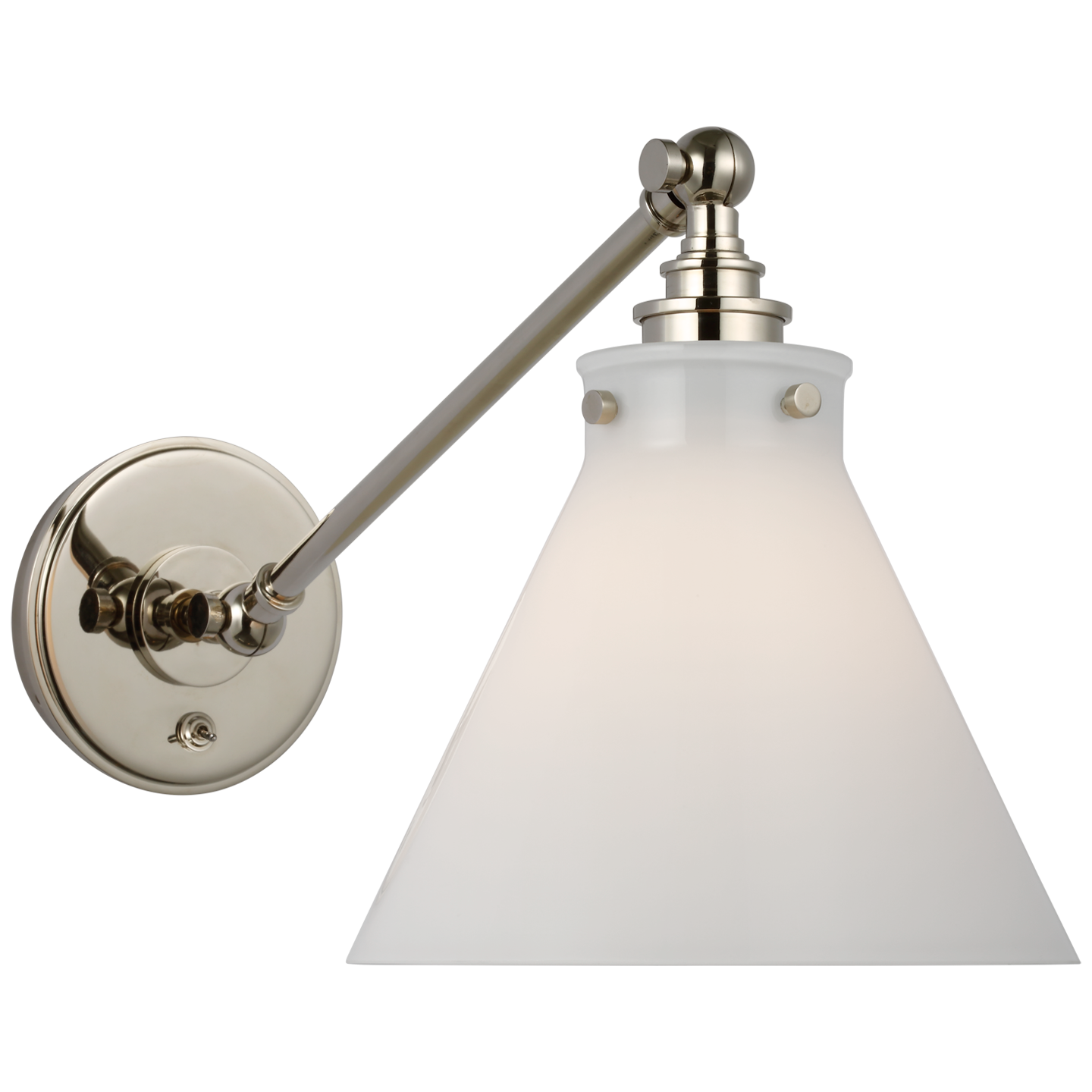 Parkington Single Library Wall Light in Polished Nickel with White Glass