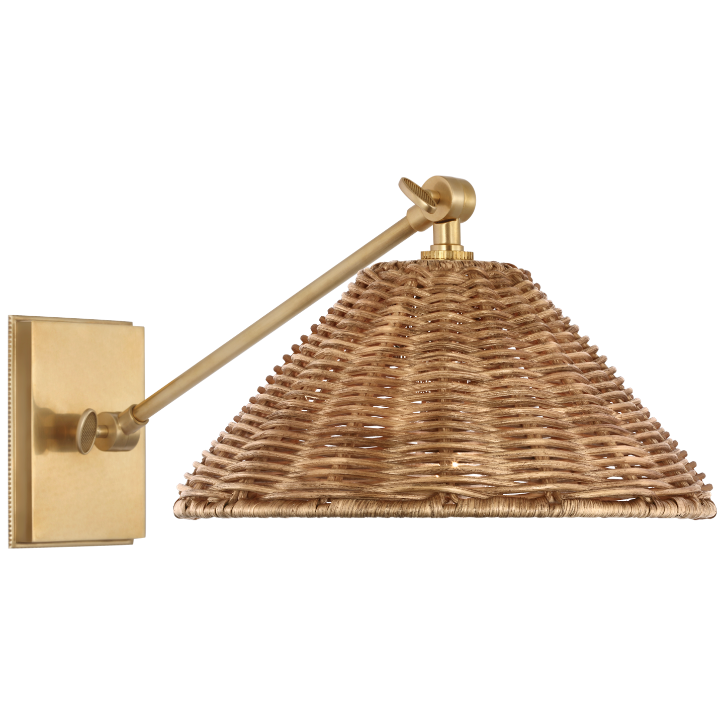 Wimberley Single Library Wall Light in Soft Brass with Natural Wicker Shade