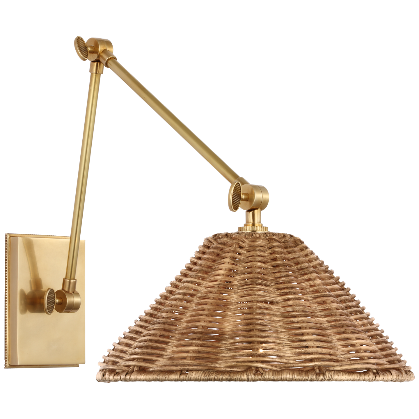 Wimberley Double Library Wall Light in Soft Brass with Natural Wicker Shade