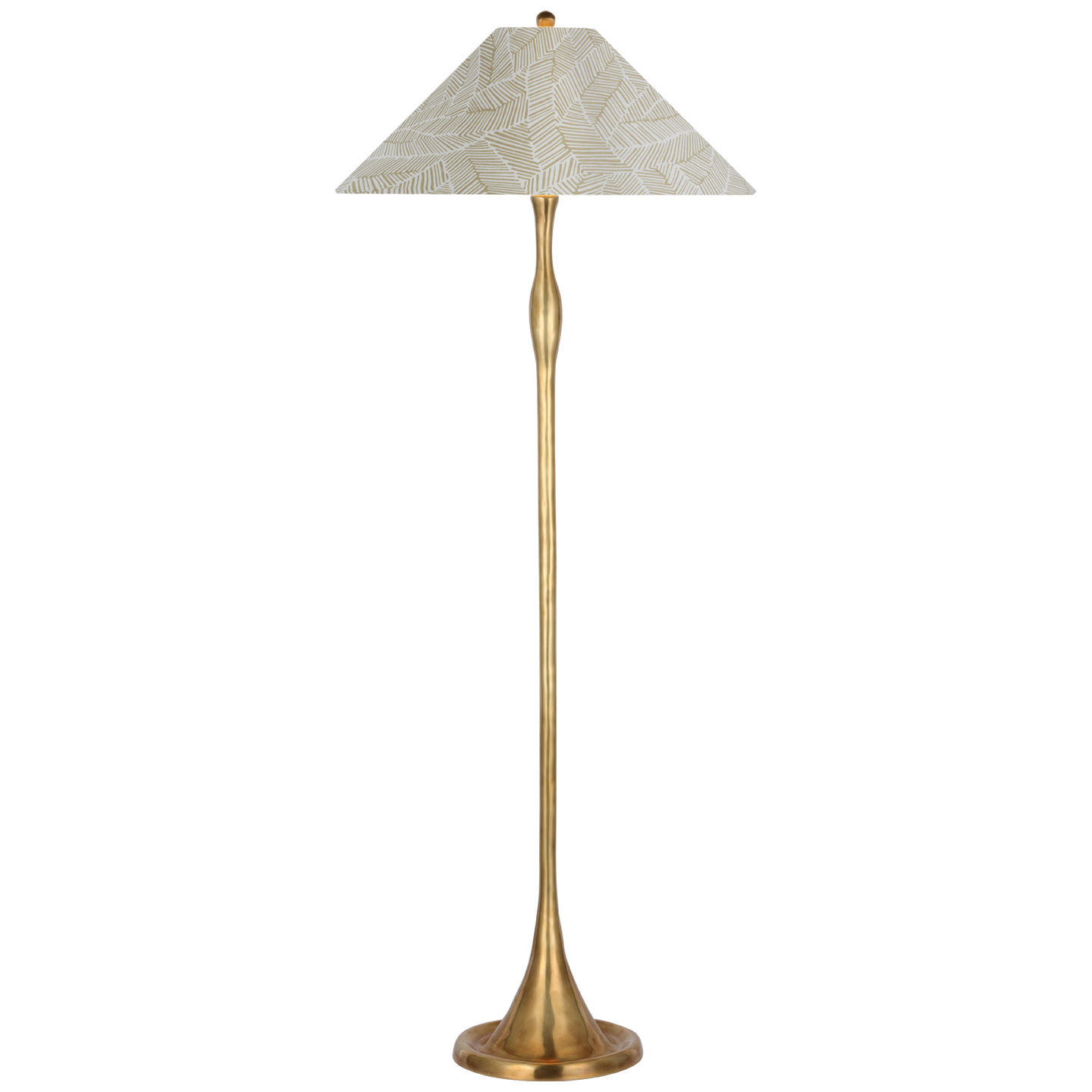 Romero Medium Floor Lamp in Hand-Rubbed Antique Brass with Schumacher 21" Taupe Abstract Leaf Flare Shade
