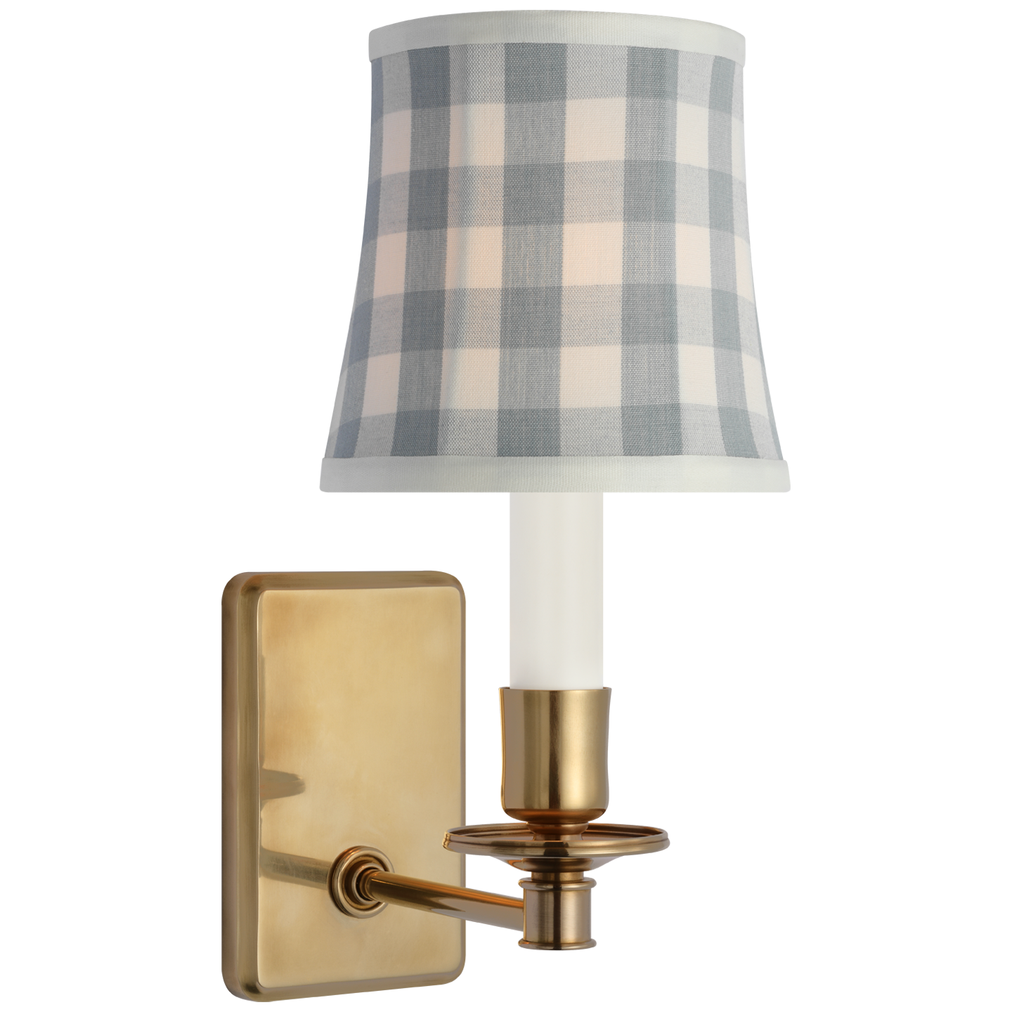 Tara 12" Sconce in Hand-Rubbed Antique Brass with Schumacher Sky Elton Check Soft Empire Shade