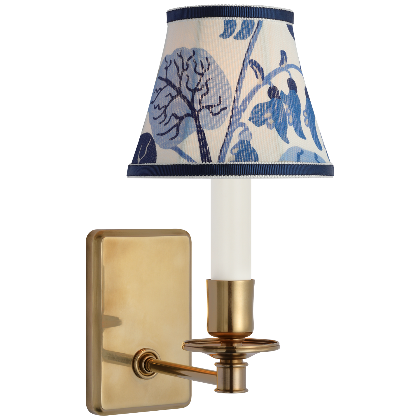 Tara 11" Sconce in Hand-Rubbed Antique Brass with Schumacher Marine Exotic Butterfly Bell Empire Shade
