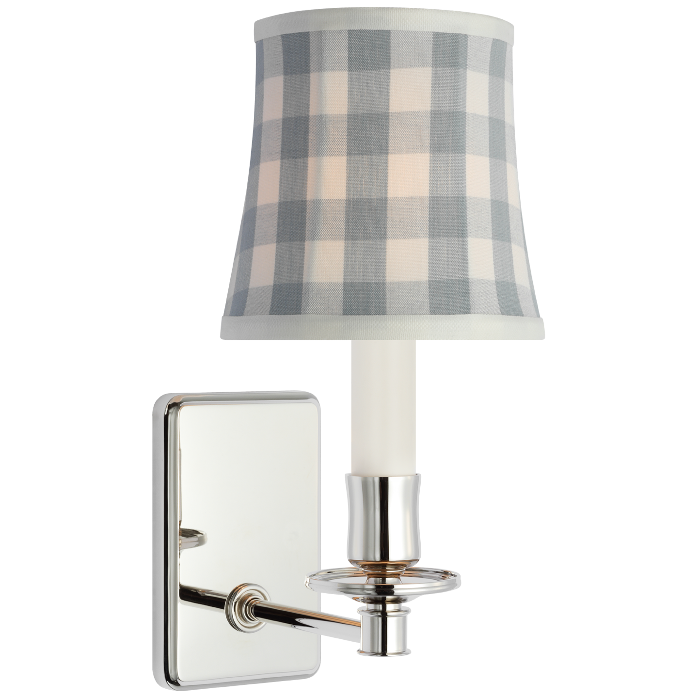 Tara 12" Sconce in Polished Nickel with Schumacher Sky Elton Check Soft Empire Shade