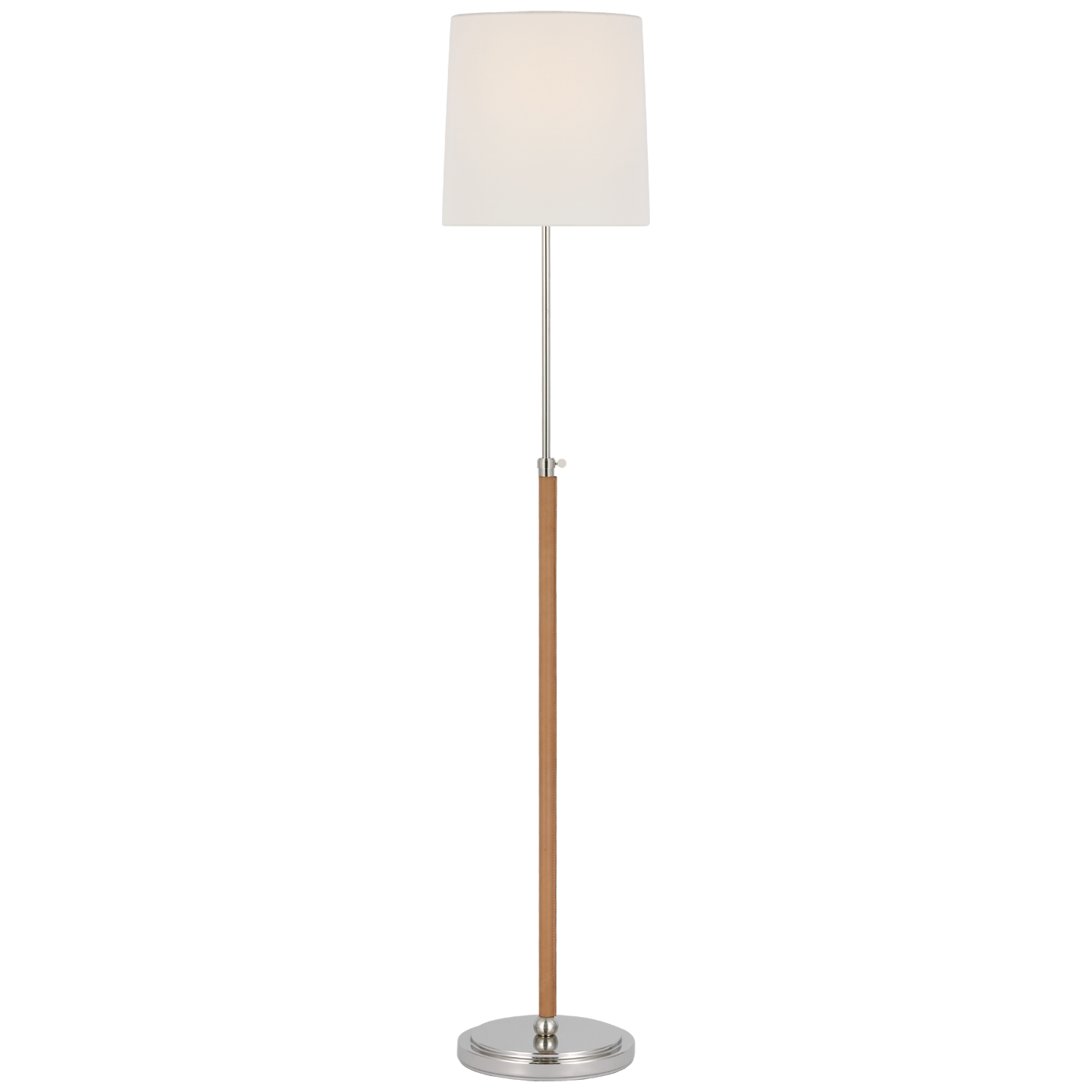 Bryant Wrapped Floor Lamp in Polished Nickel and Natural Leather with Linen Shade