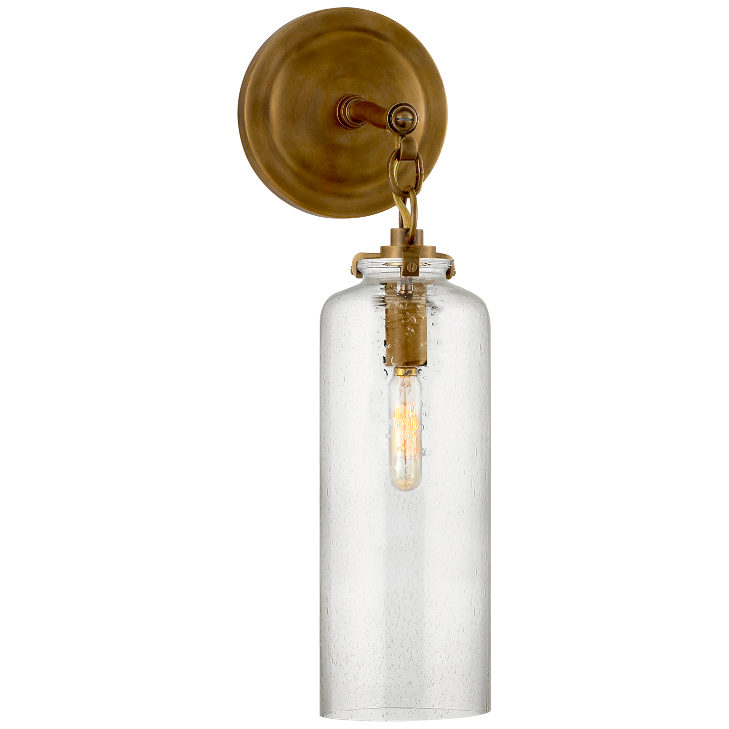 Katie Small Cylinder Sconce in Hand-Rubbed Antique Brass with Seeded Glass