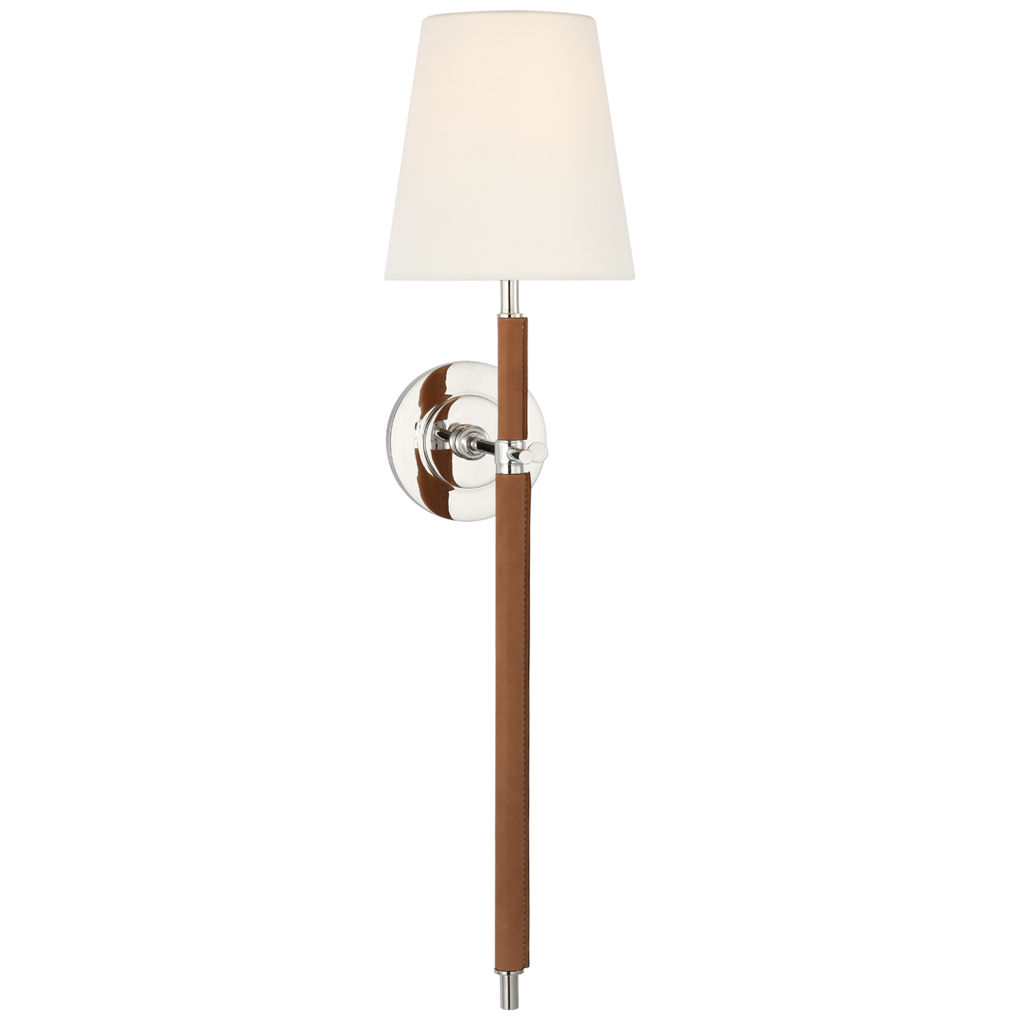 Bryant Large Wrapped Tail Sconce in Polished Nickel and Natural Leather with Linen Shade