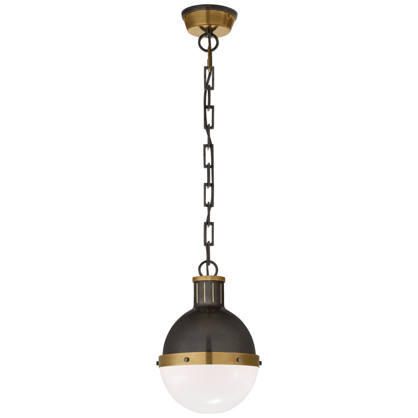 Hicks Small Pendant in Bronze and Hand-Rubbed Antique Brass with White Glass