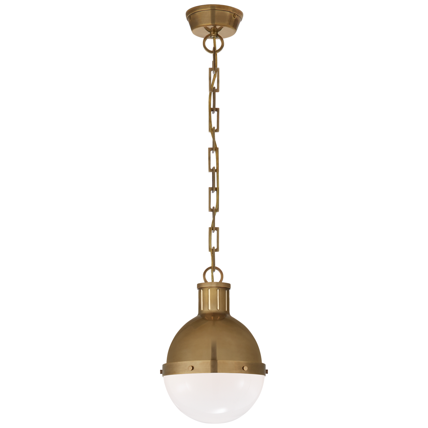 Hicks Small Pendant in Hand-Rubbed Antique Brass with White Glass