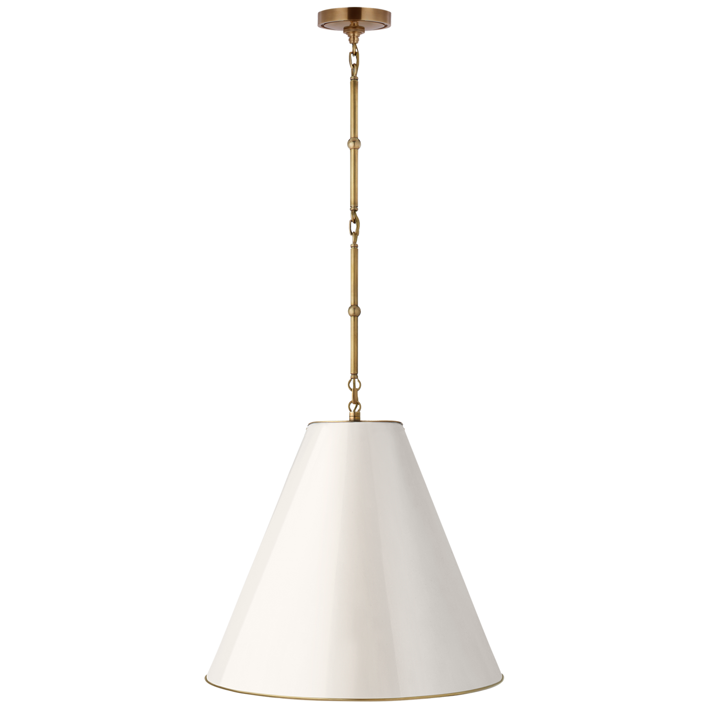 Goodman Medium Hanging Light in Hand-Rubbed Antique Brass with Antique White Shade