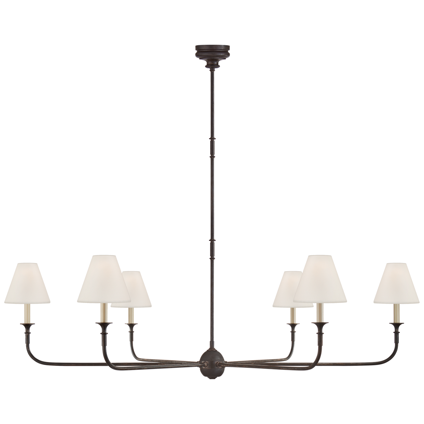 Piaf Grande Chandelier in Aged Iron and Ebonized Oak with Linen Shades