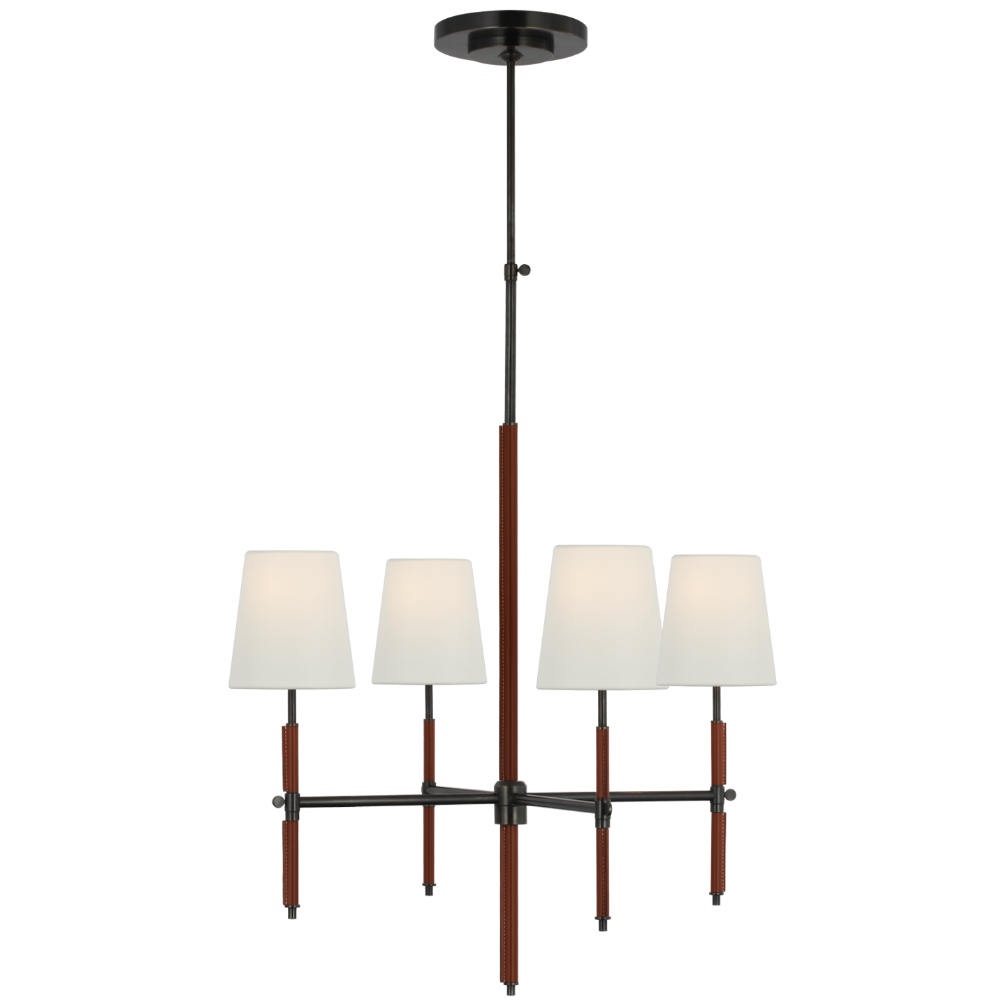 Bryant Small Wrapped Chandelier in Bronze and Saddle Leather with Linen Shades