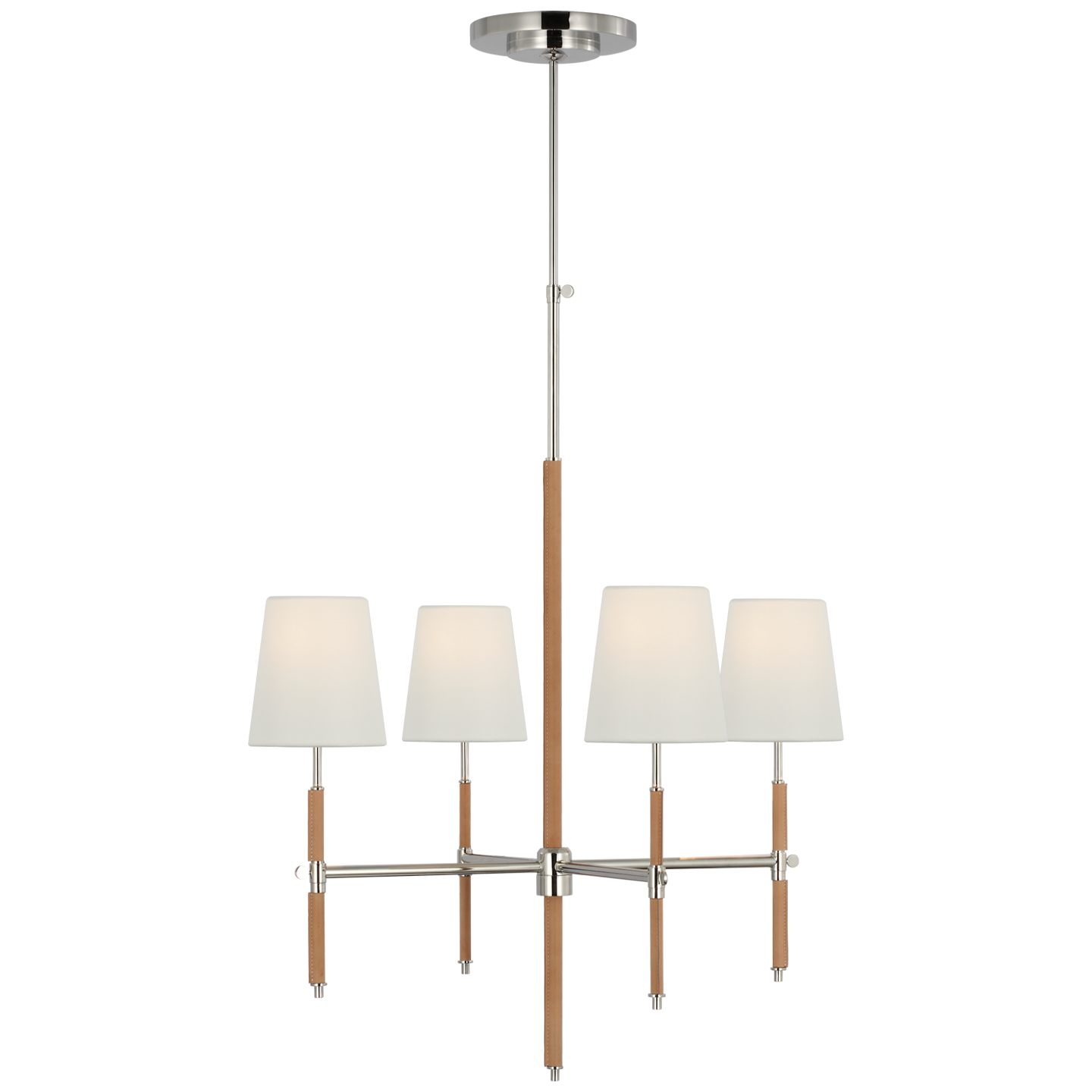 Bryant Small Wrapped Chandelier in Polished Nickel and Natural Leather with Linen Shades