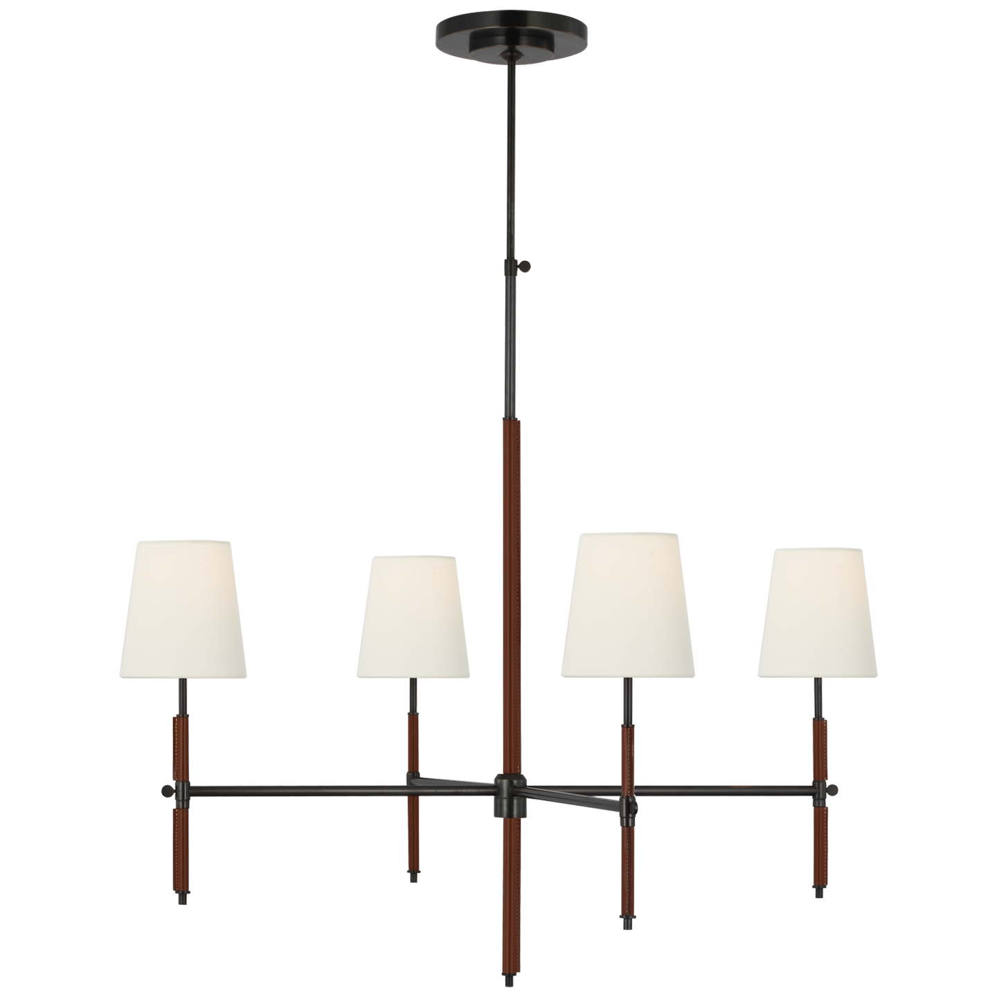 Bryant Large Wrapped Chandelier in Bronze and Saddle Leather with Linen Shades