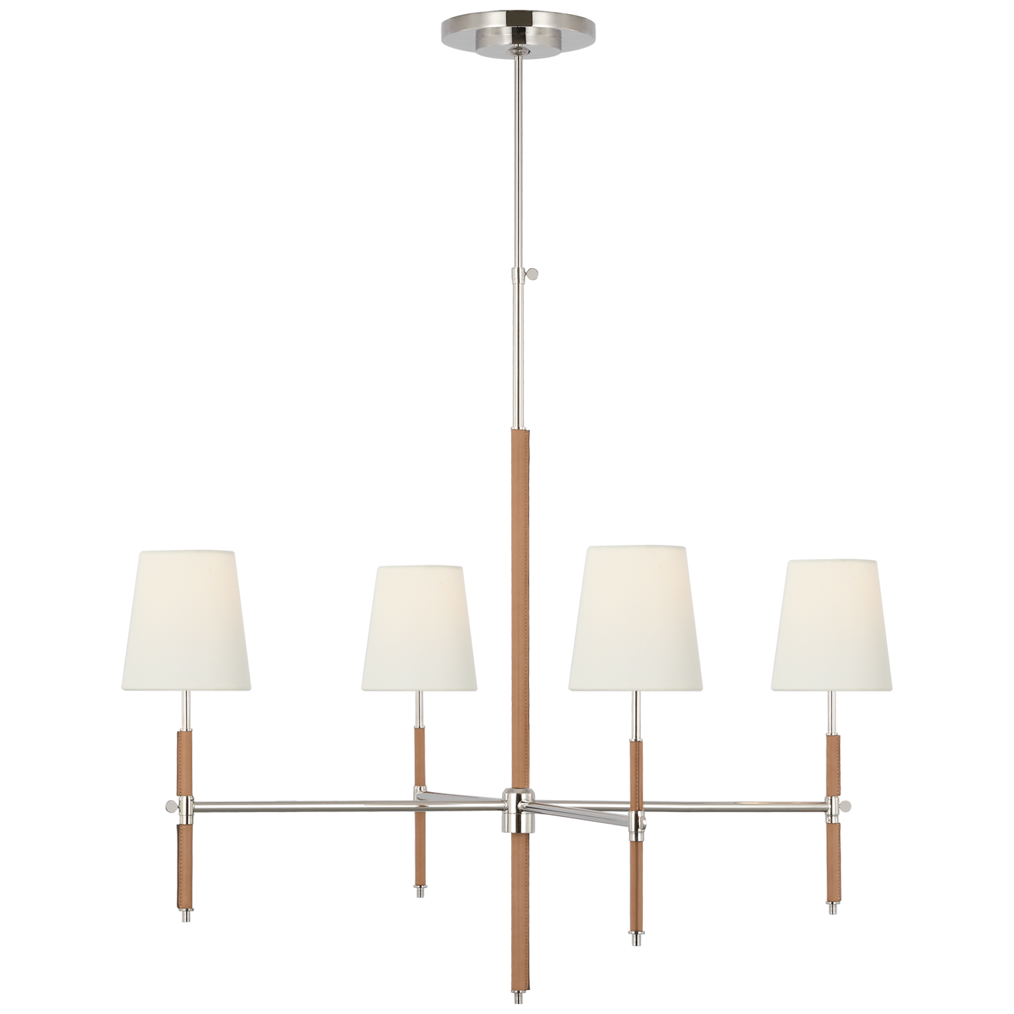 Bryant Large Wrapped Chandelier in Polished Nickel and Natural Leather with Linen Shades