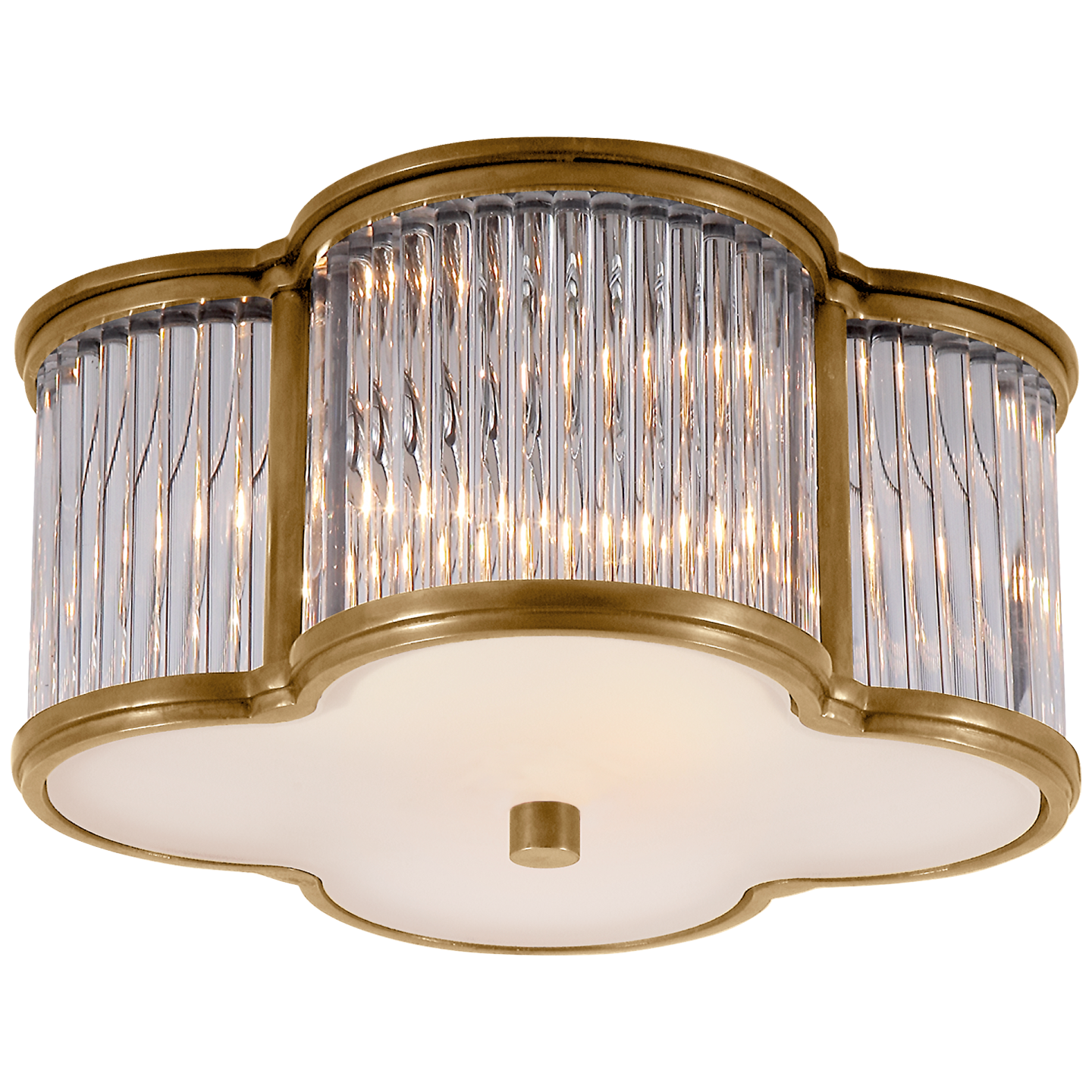 Basil Small Flush Mount in Natural Brass and Clear Glass Rods with Frosted Glass