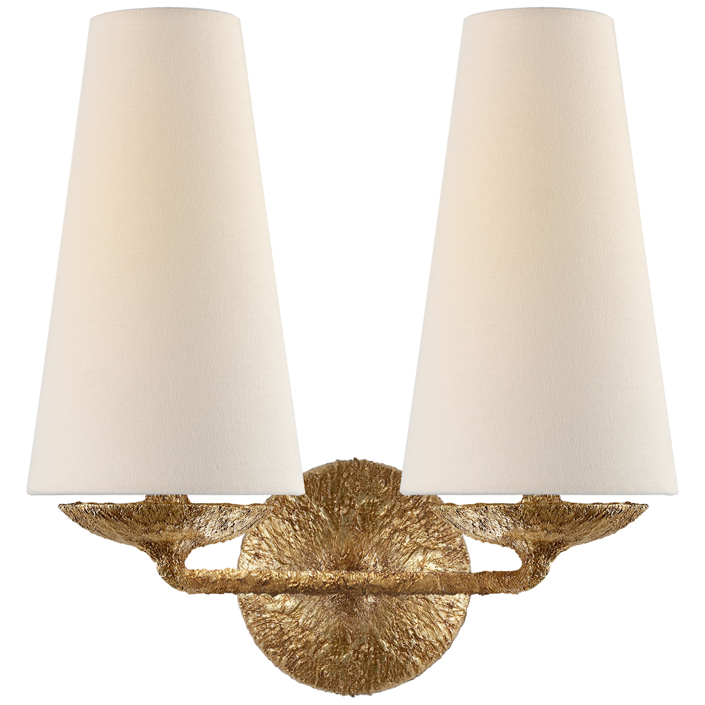 Fontaine Double Sconce in Gilded Plaster with Linen Shades