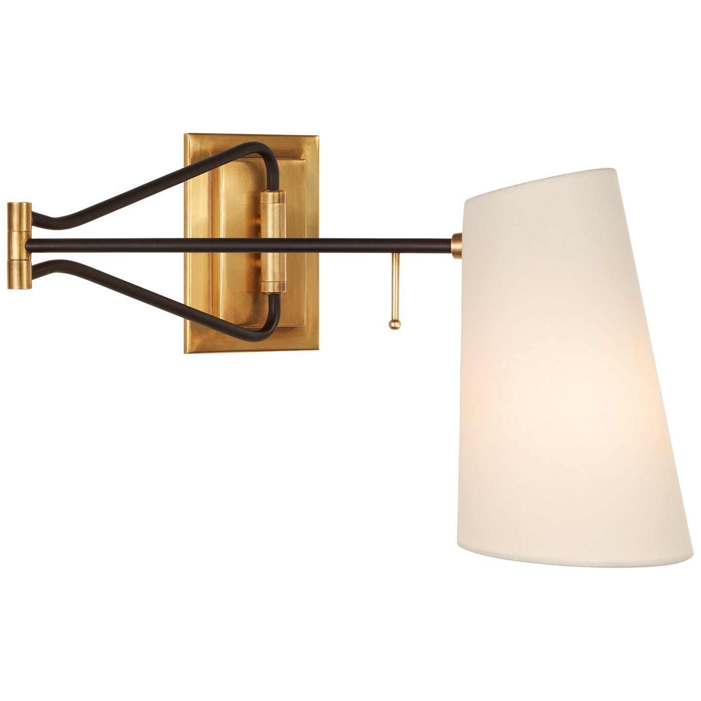 Keil Swing Arm Wall Light in Hand-Rubbed Antique Brass and Black with Linen Shade