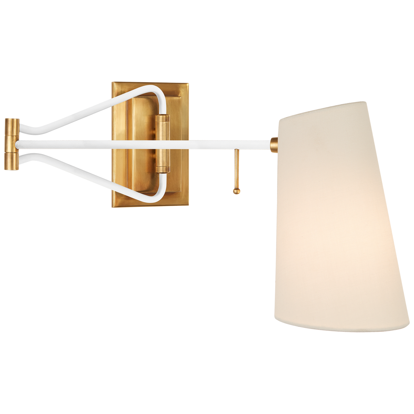 Keil Swing Arm Wall Light in Hand-Rubbed Antique Brass and White with Linen Shade