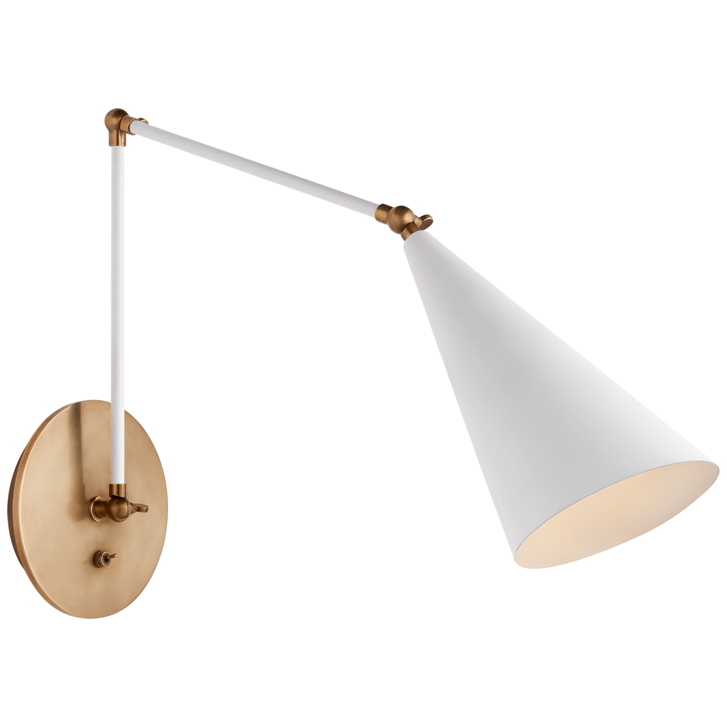 Clemente Double Arm Library Sconce in White and Hand-Rubbed Antique Brass