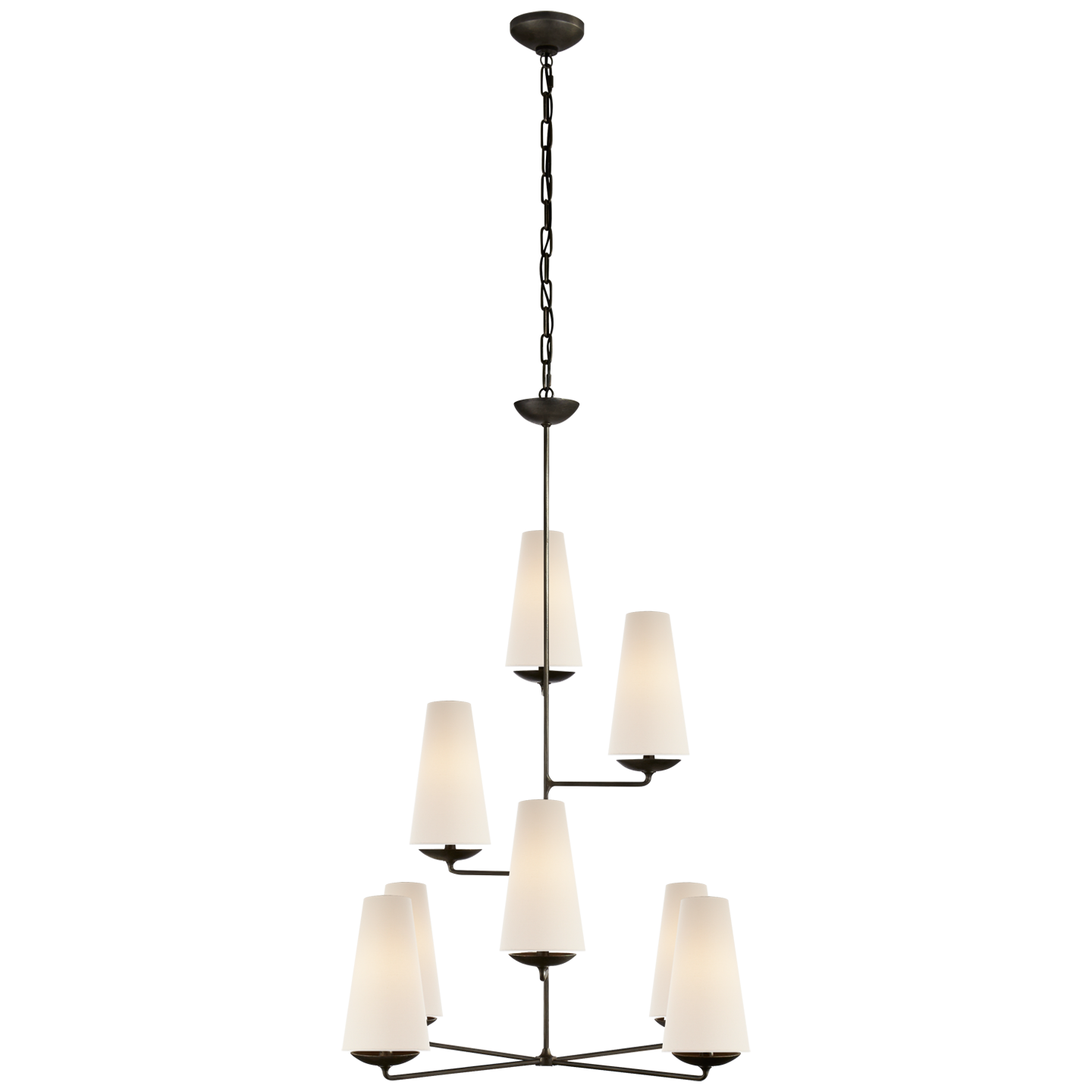 Fontaine Vertical Chandelier in Aged Iron with Linen Shades