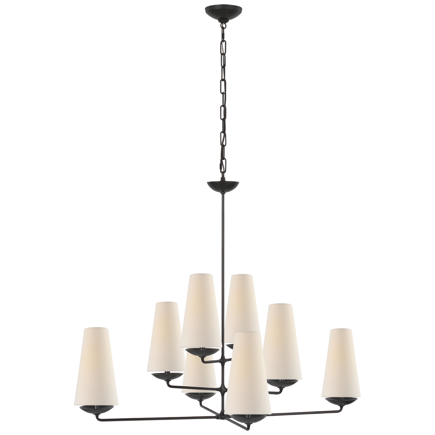 Fontaine Large Offset Chandelier in Aged Iron with Linen Shades