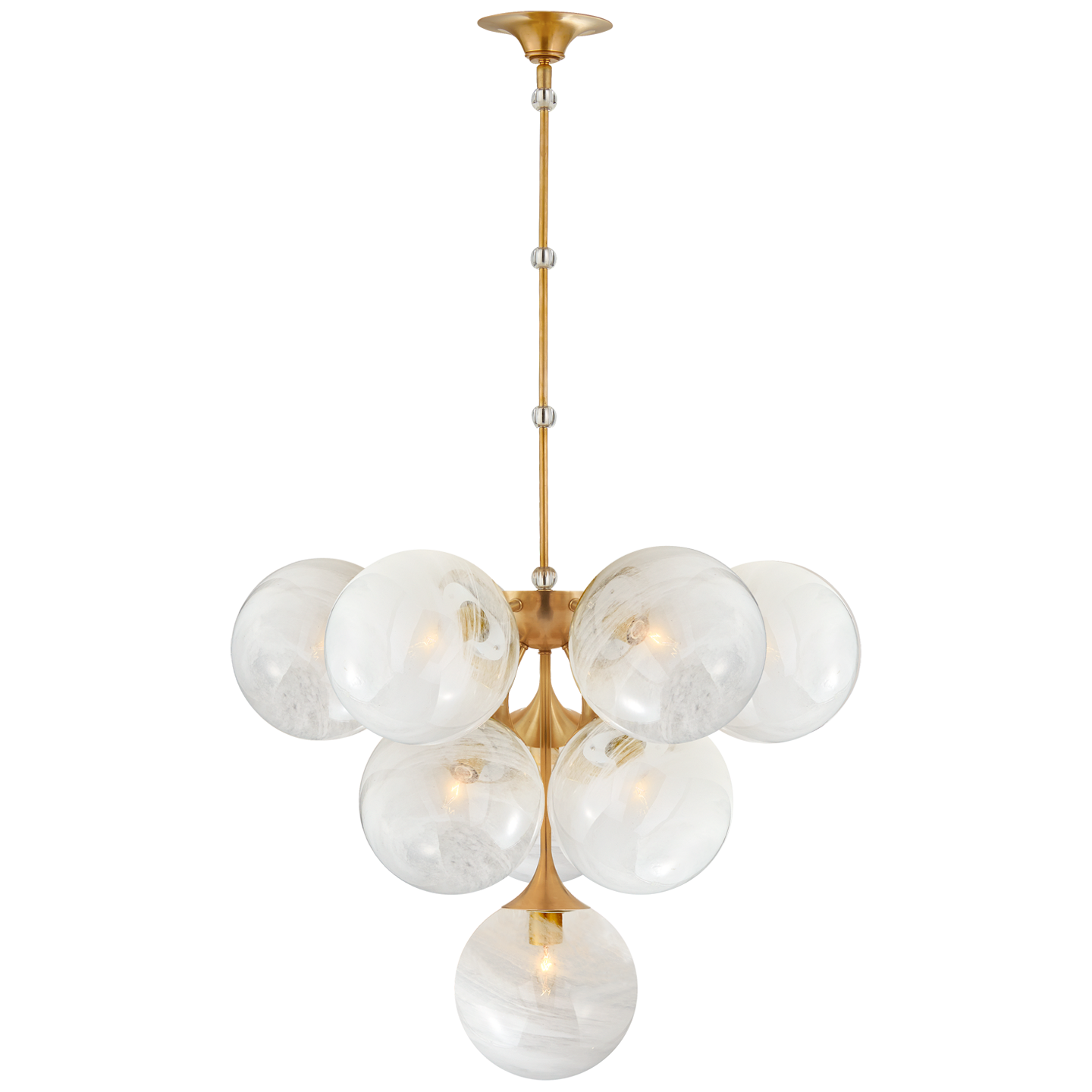 Cristol Tiered Chandelier in Hand-Rubbed Antique Brass with White Strie Glass