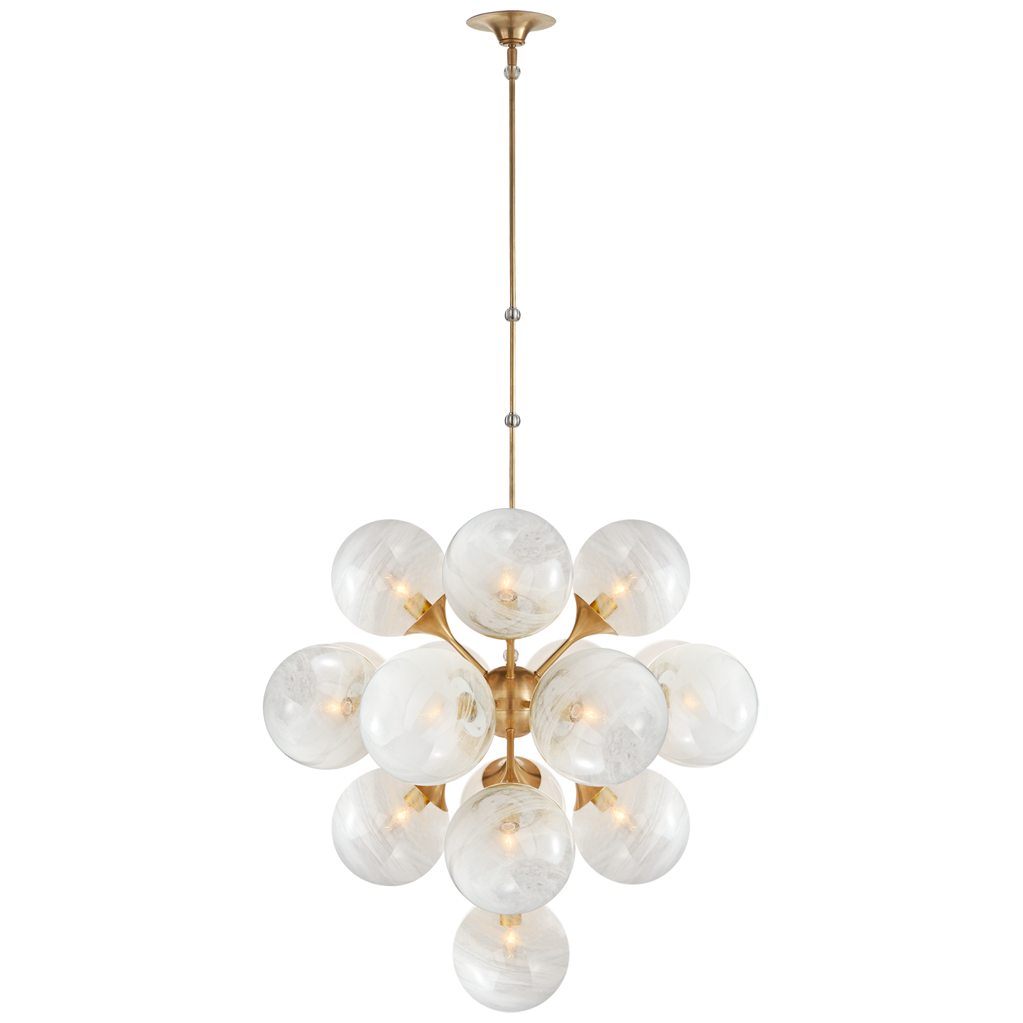 Cristol Large Tiered Chandelier in Hand-Rubbed Antique Brass with White Strie Glass