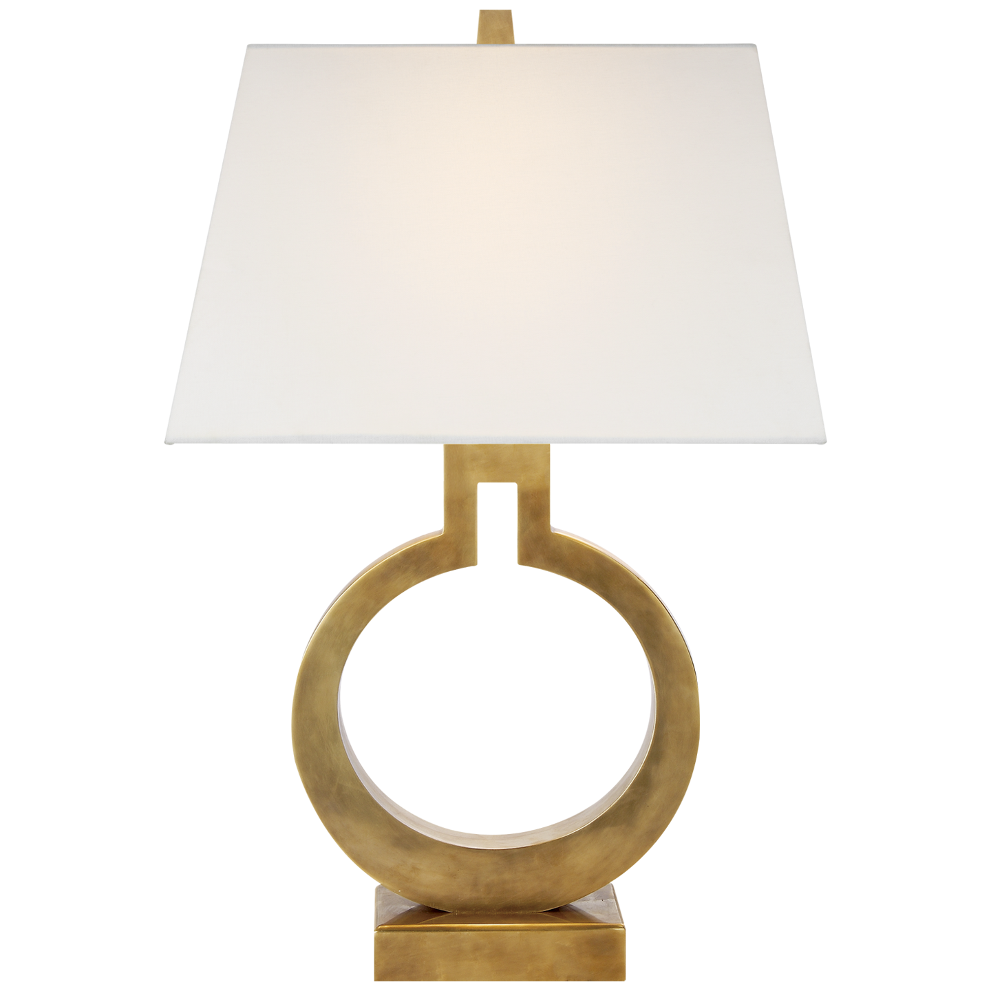 Ring Form Small Table Lamp in Antique-Burnished Brass with Linen Shade