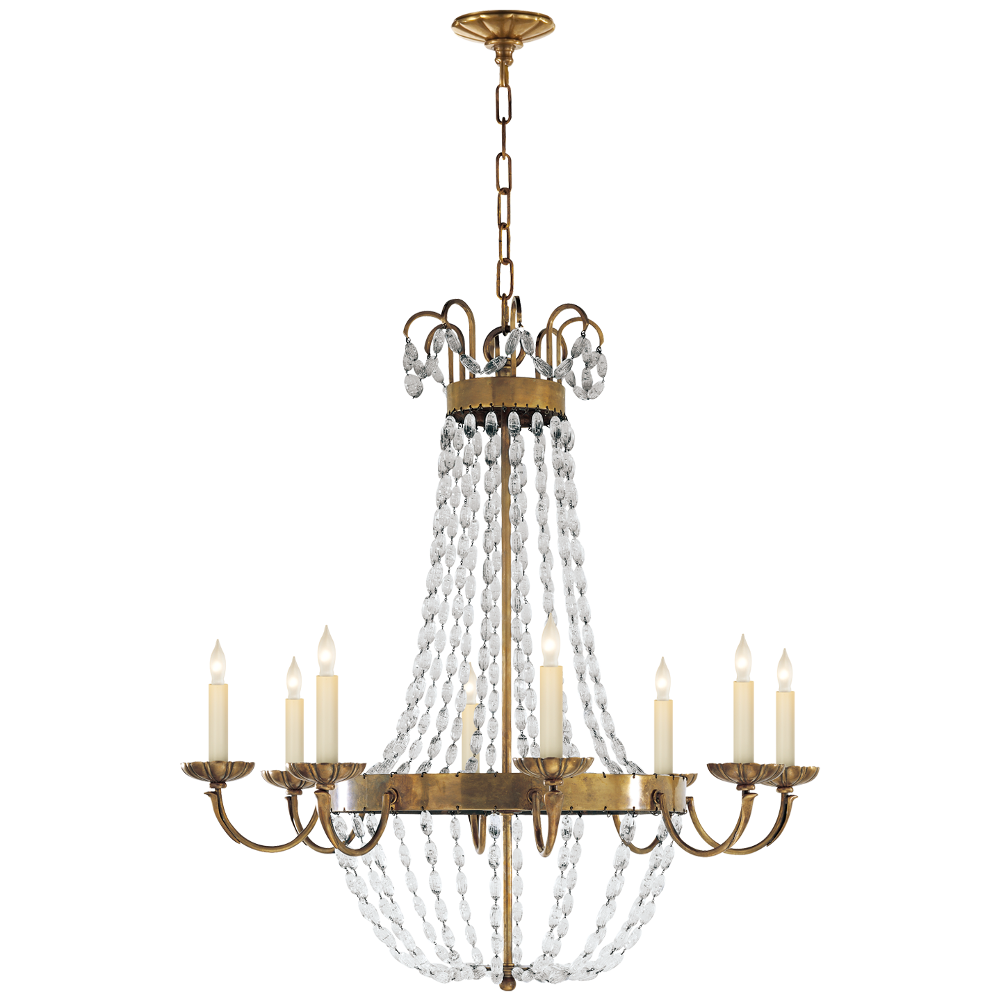 Paris Flea Market Large Chandelier in Antique-Burnished Brass with Seeded Glass