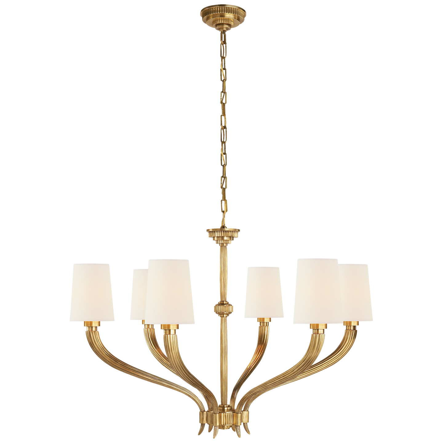 Ruhlmann Large Chandelier in Antique-Burnished Brass with Linen Shades