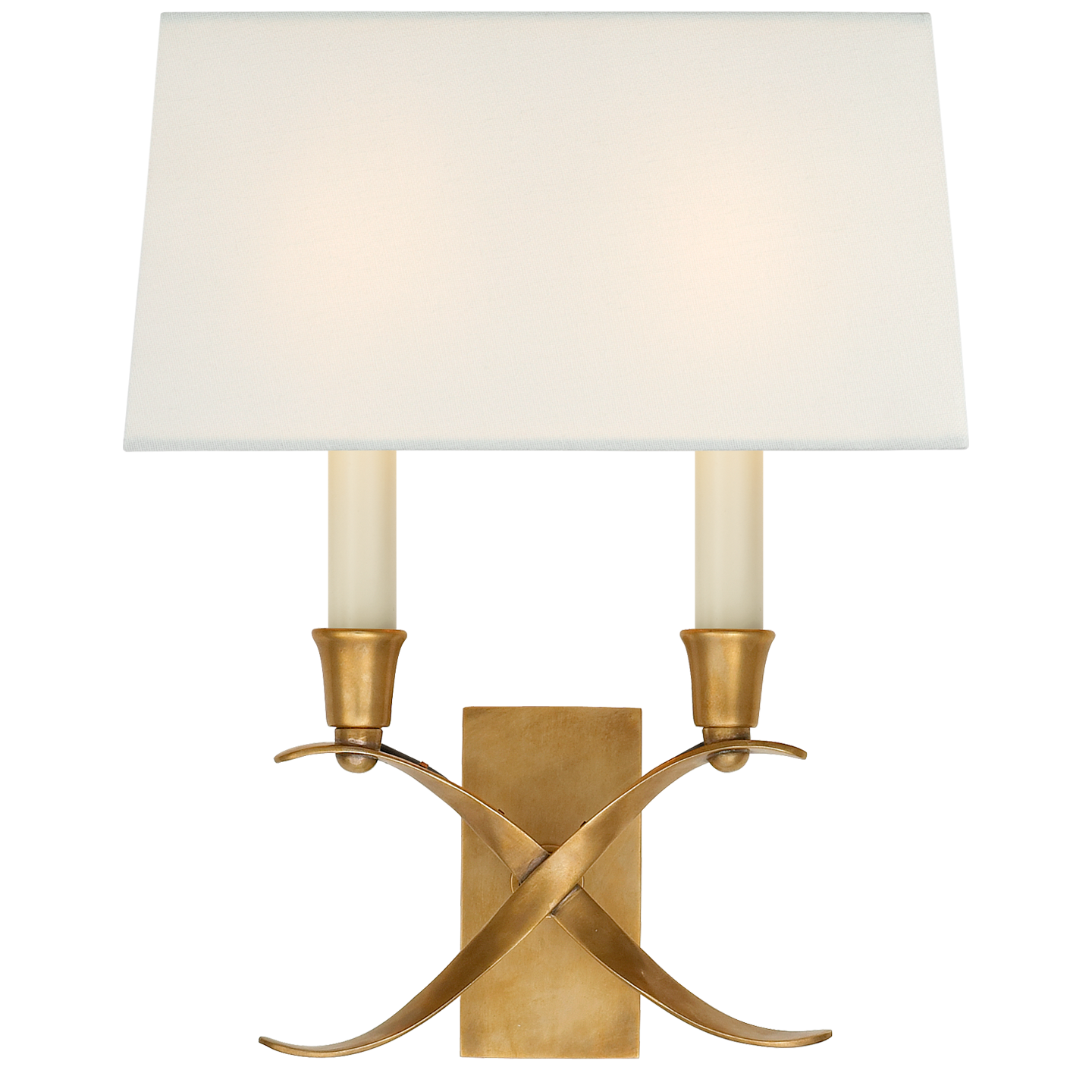 Cross Bouillotte Small Sconce in Antique-Burnished Brass with Linen Shade